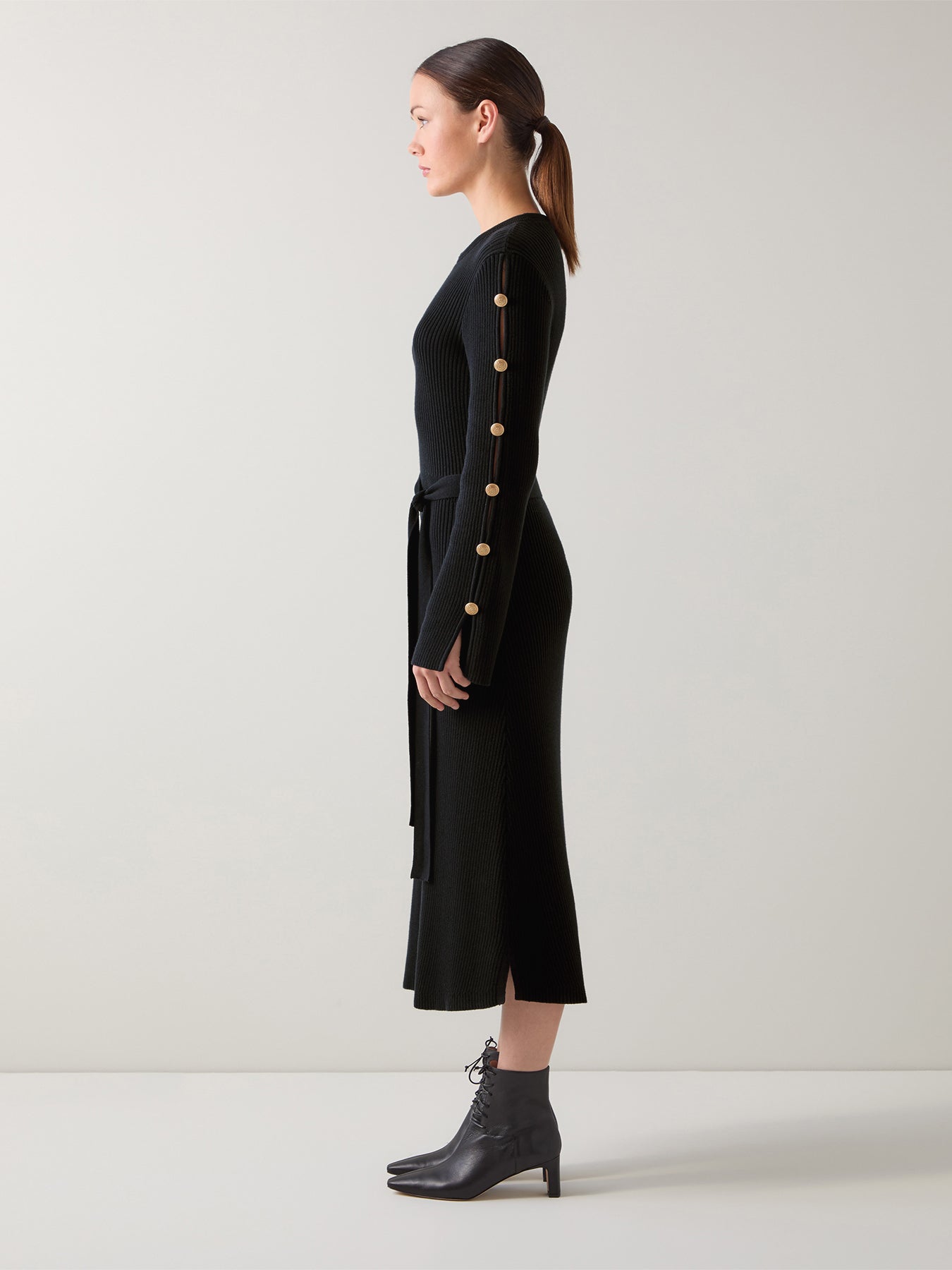 Mirren Black Plain Organic Cotton Shank Button Jumper Dress with Self Covered Belt