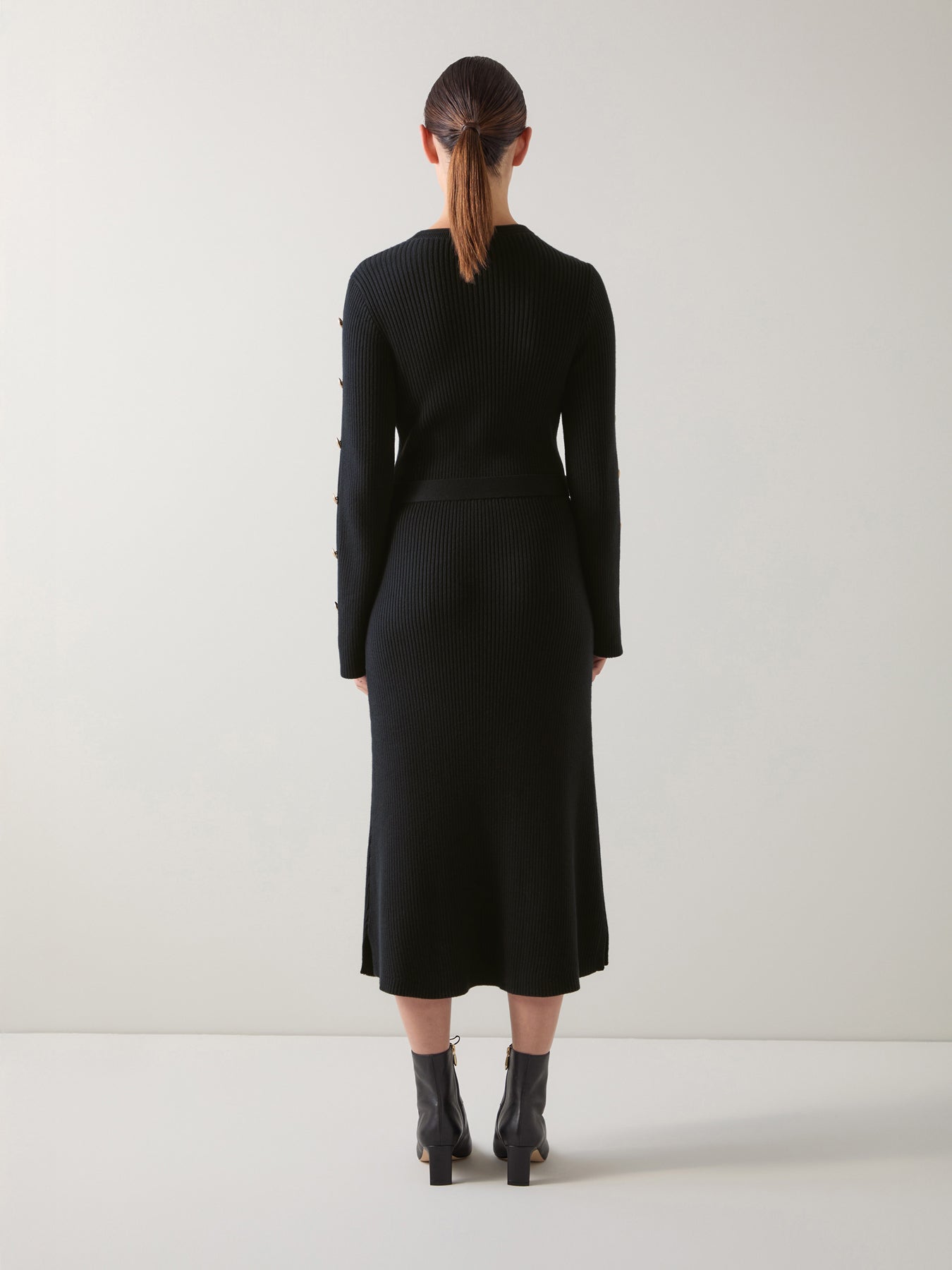 Mirren Black Plain Organic Cotton Shank Button Jumper Dress with Self Covered Belt