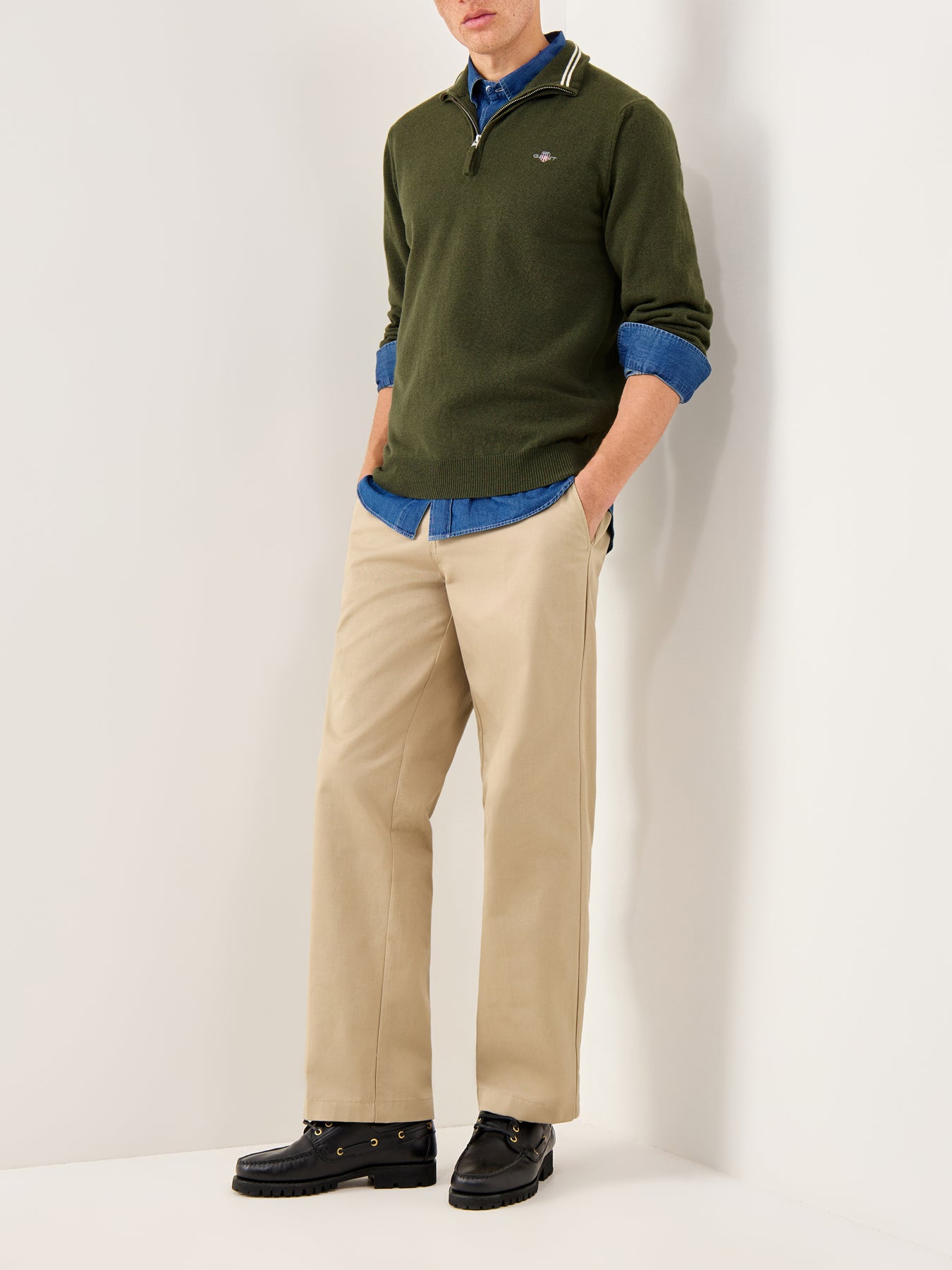 Superfine Lambswool Half-Zip Jumper Khaki Green Melange