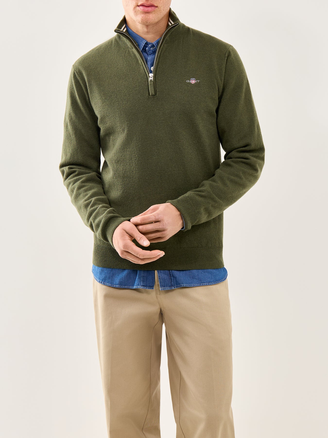 Superfine Lambswool Half-Zip Jumper Khaki Green Melange