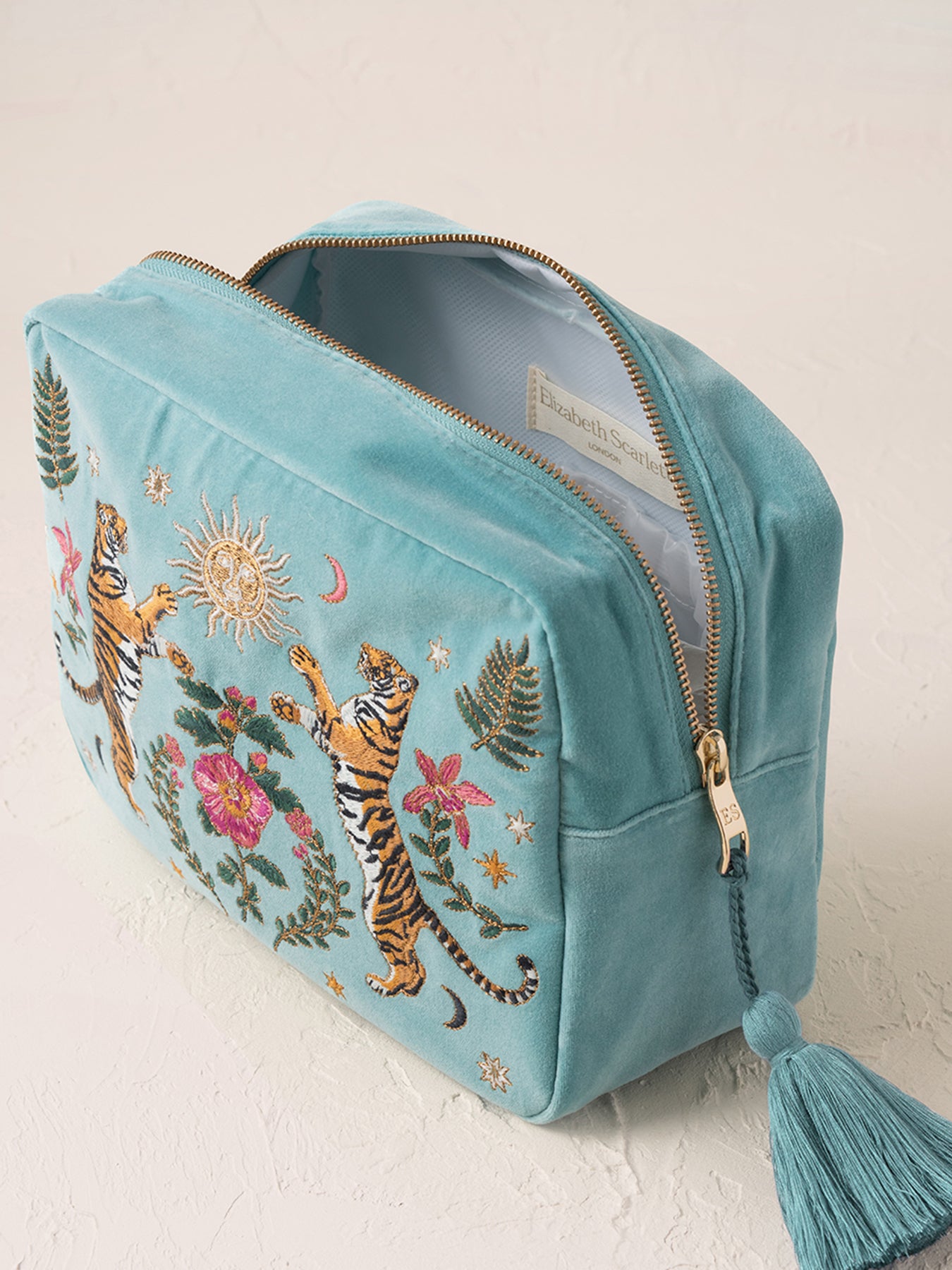 Celestial Tigers Velvet Wash Bag Dusky Teal