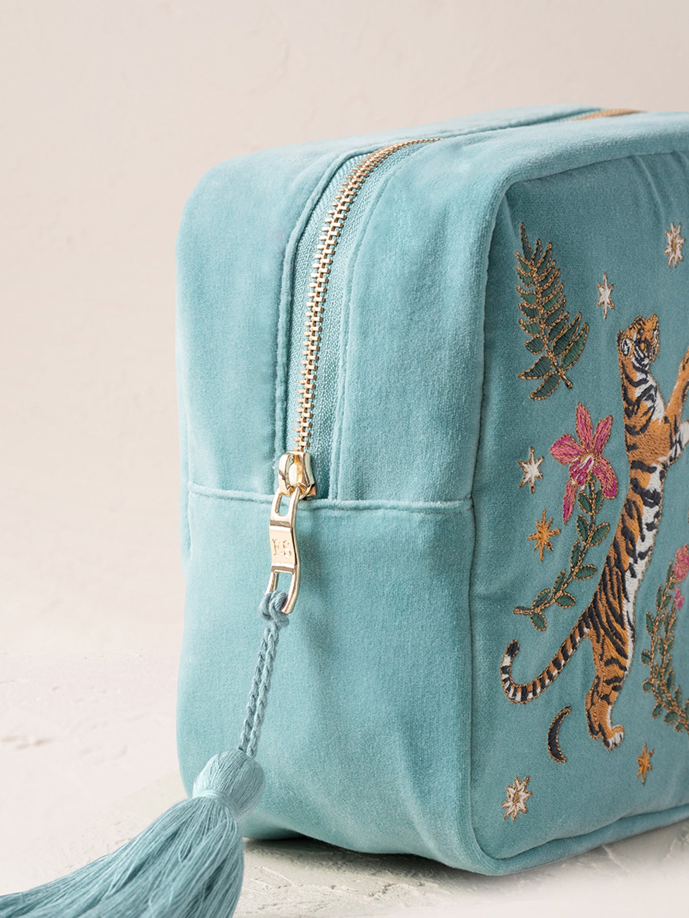 Celestial Tigers Velvet Wash Bag Dusky Teal