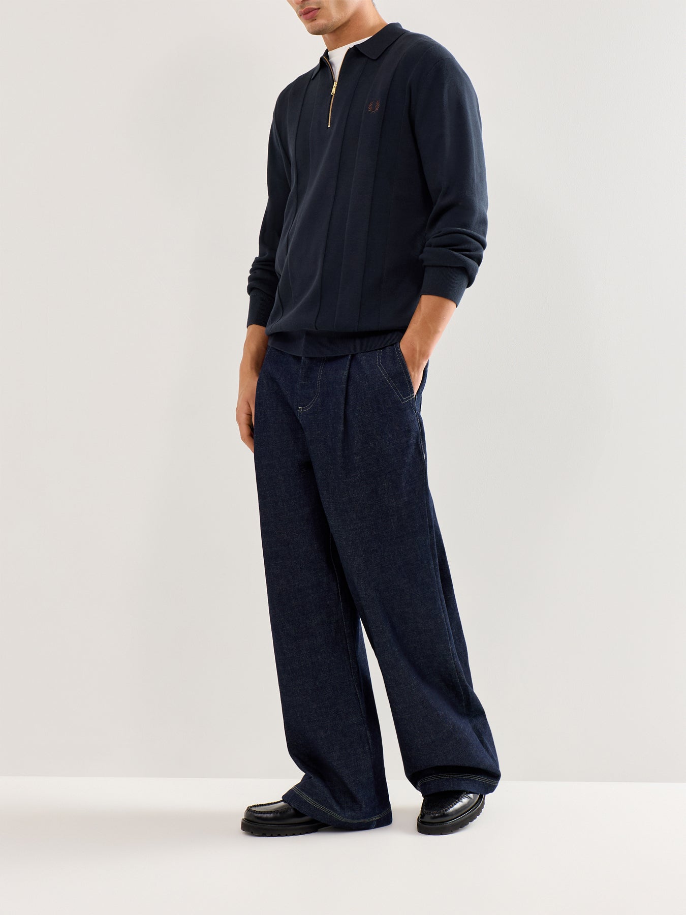 Tonal Stripe Knitted Quarter Zip Polo Navy