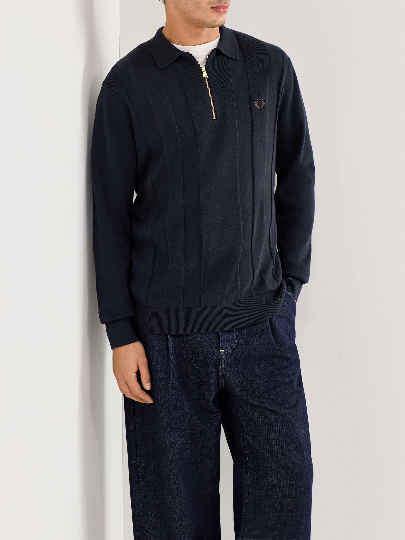 Tonal Stripe Knitted Quarter Zip Polo Navy