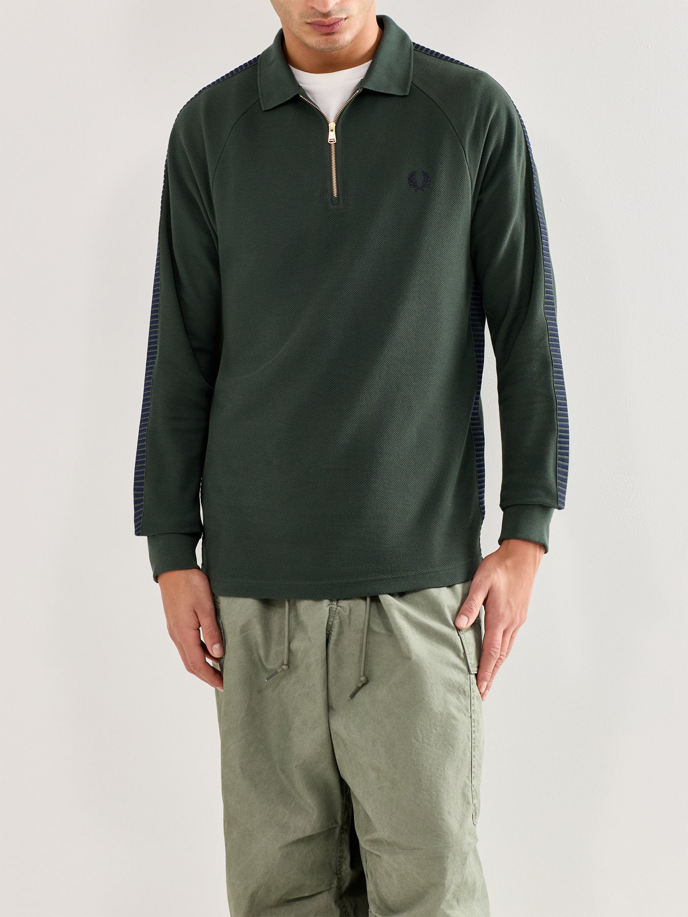 Dash Taped Zip Neck Polo Shirt Green