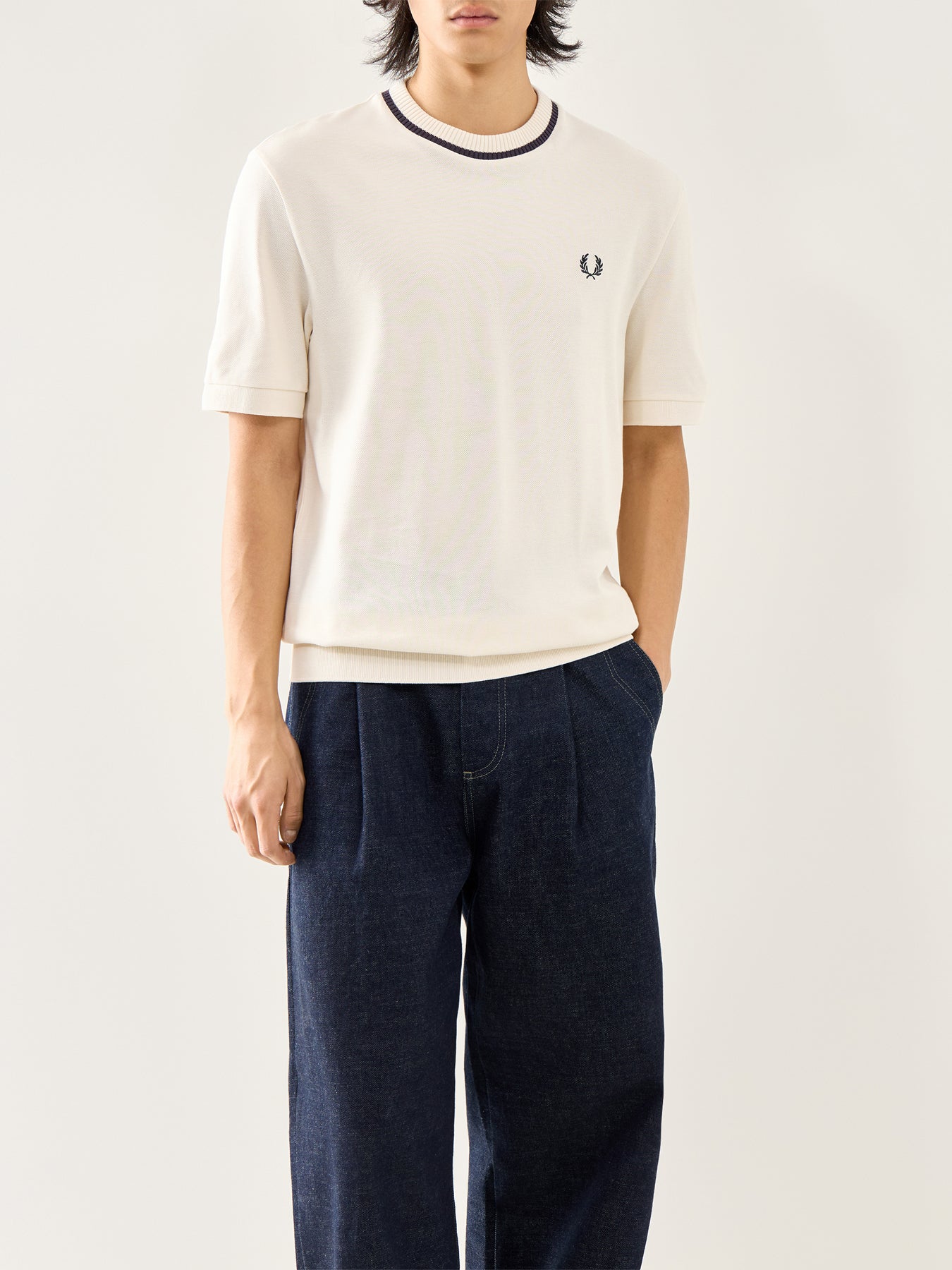 Crew Neck Pique T-Shirt Ecru