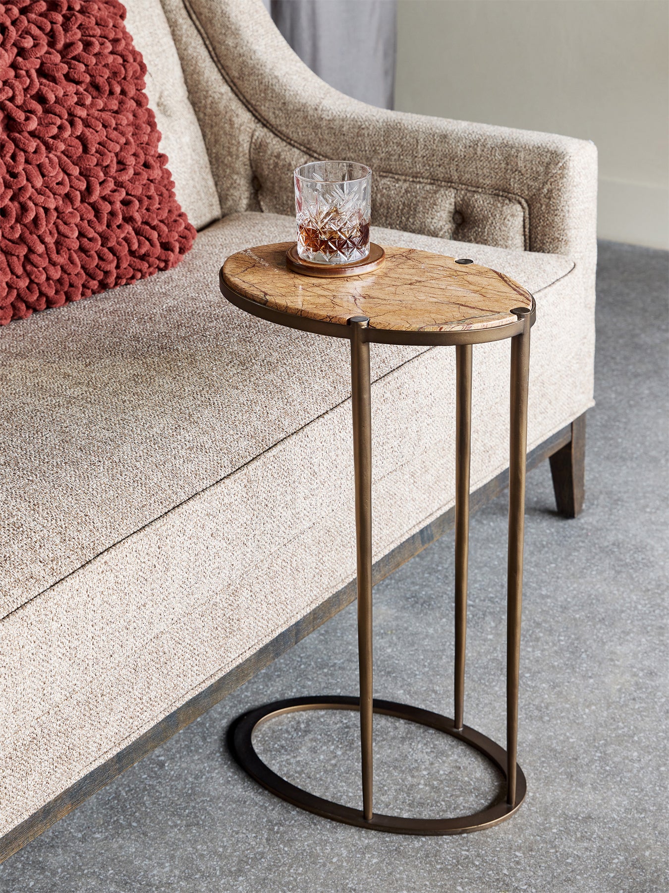 Iota Oval Accent Table Forest Brown Marble Smoked Gold Frame