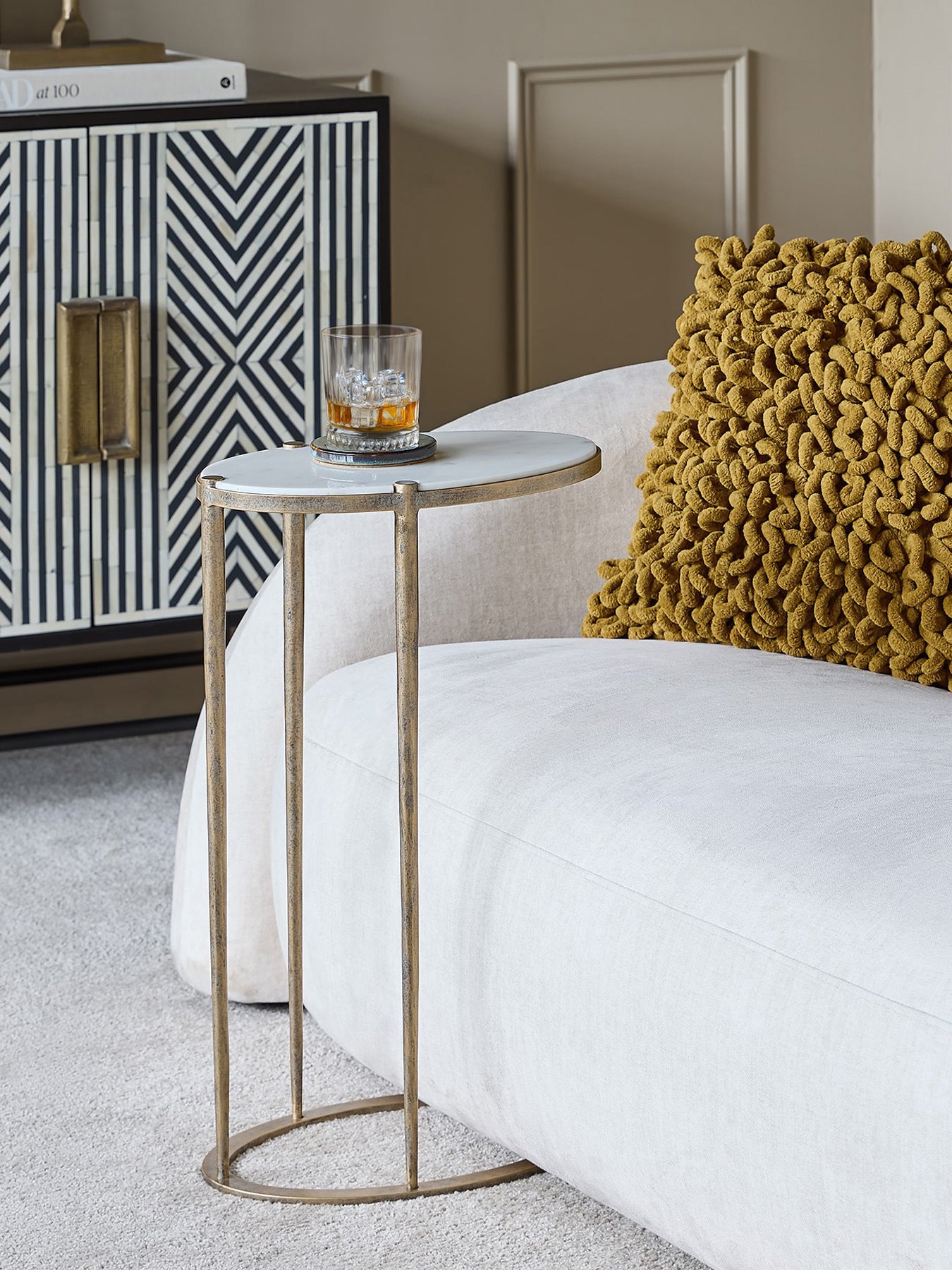 Iota Oval Accent Table White Banswara Marble Aged Champagne