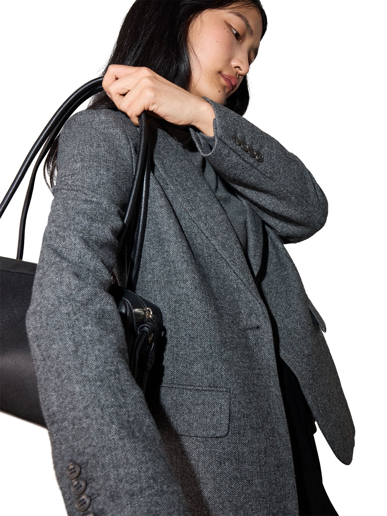 Herringbone Wool Blend Blazer - Grey