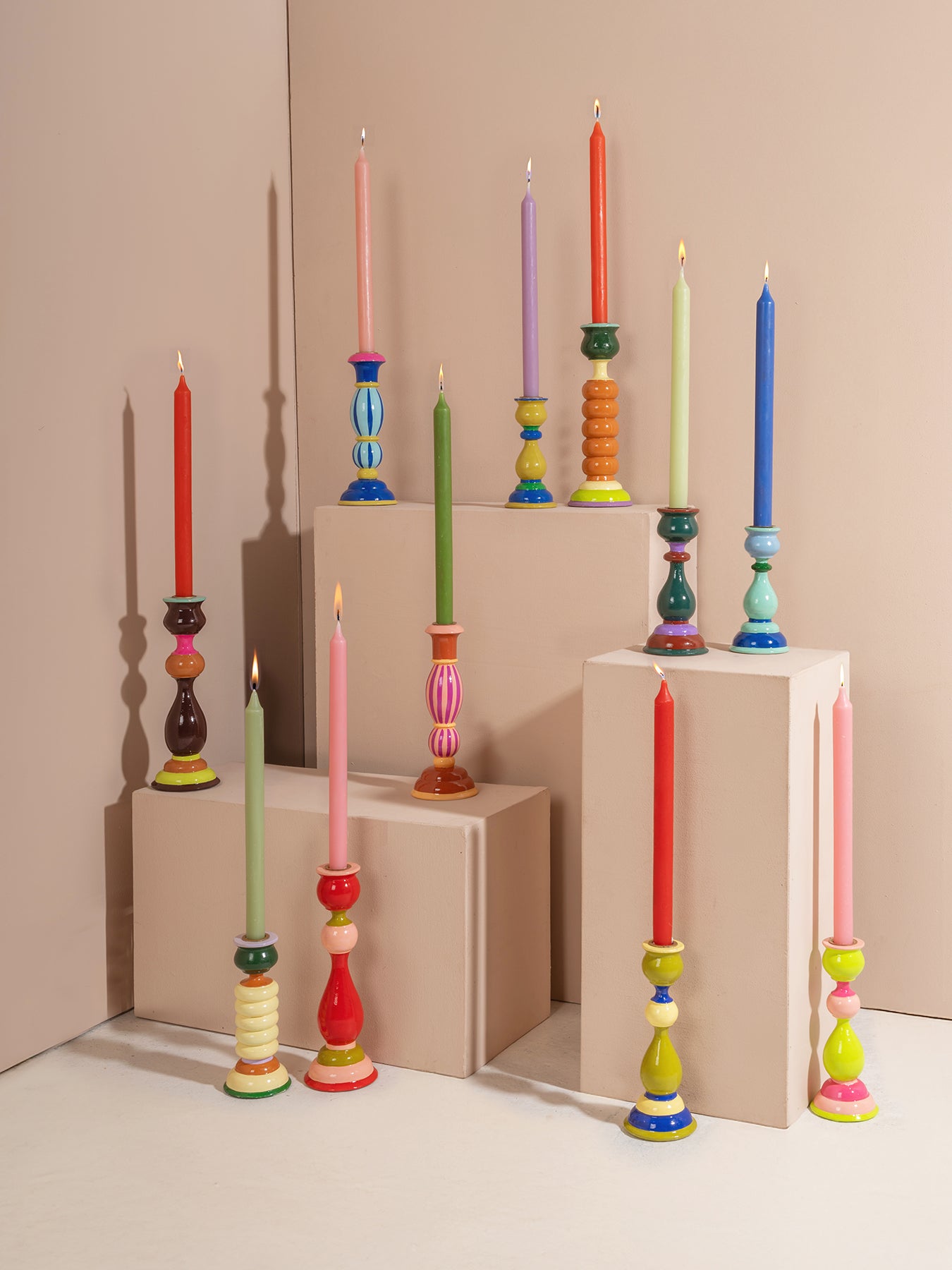 Striped Wooden Candlestick Pink