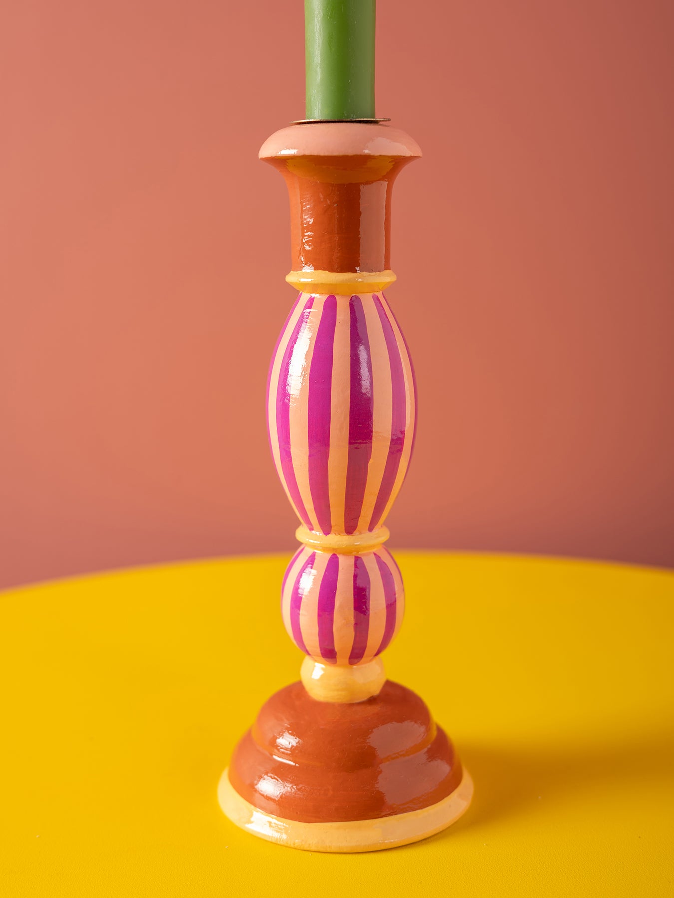 Striped Wooden Candlestick Pink