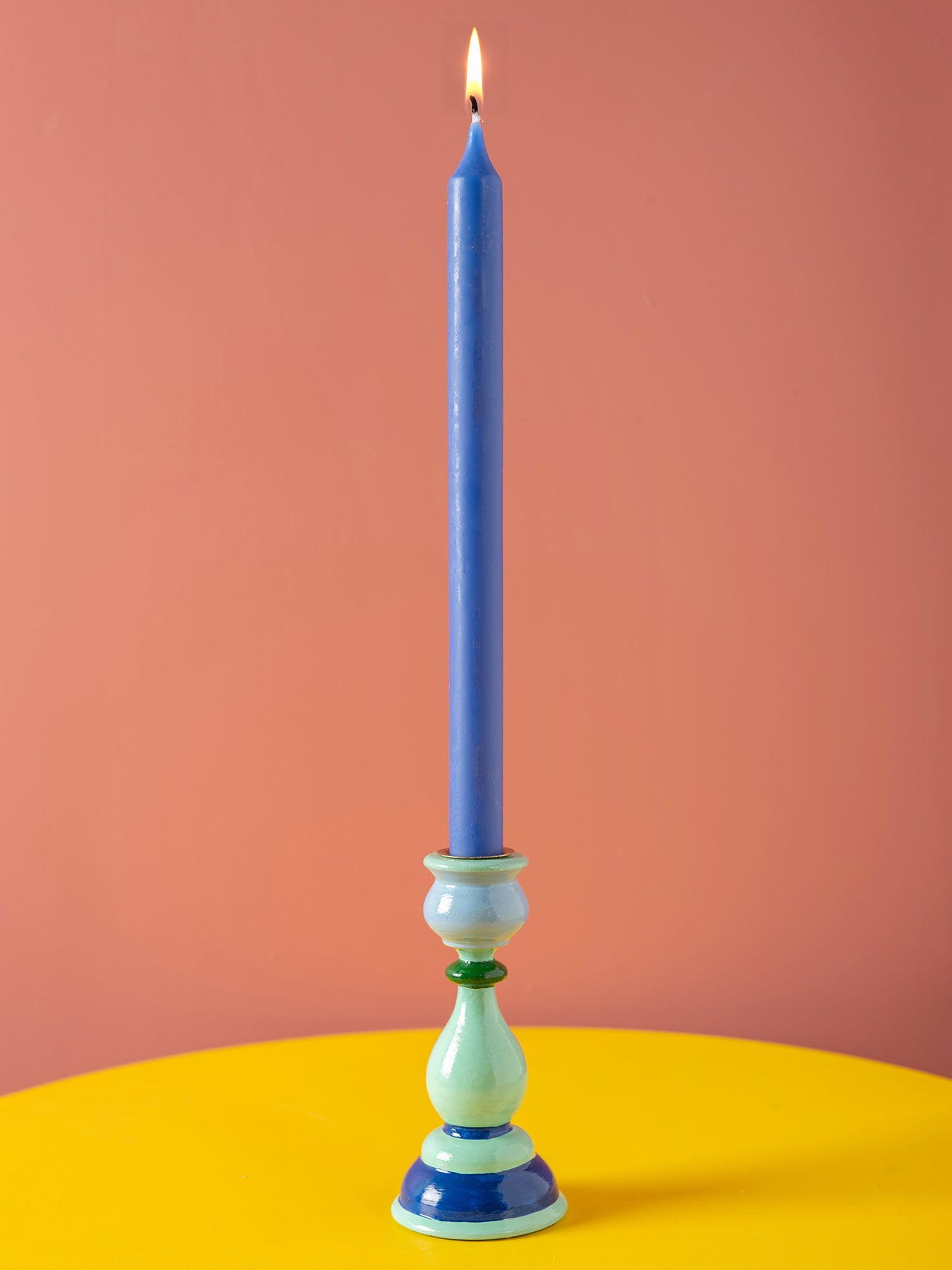 Carved Wooden Candlestick Blue