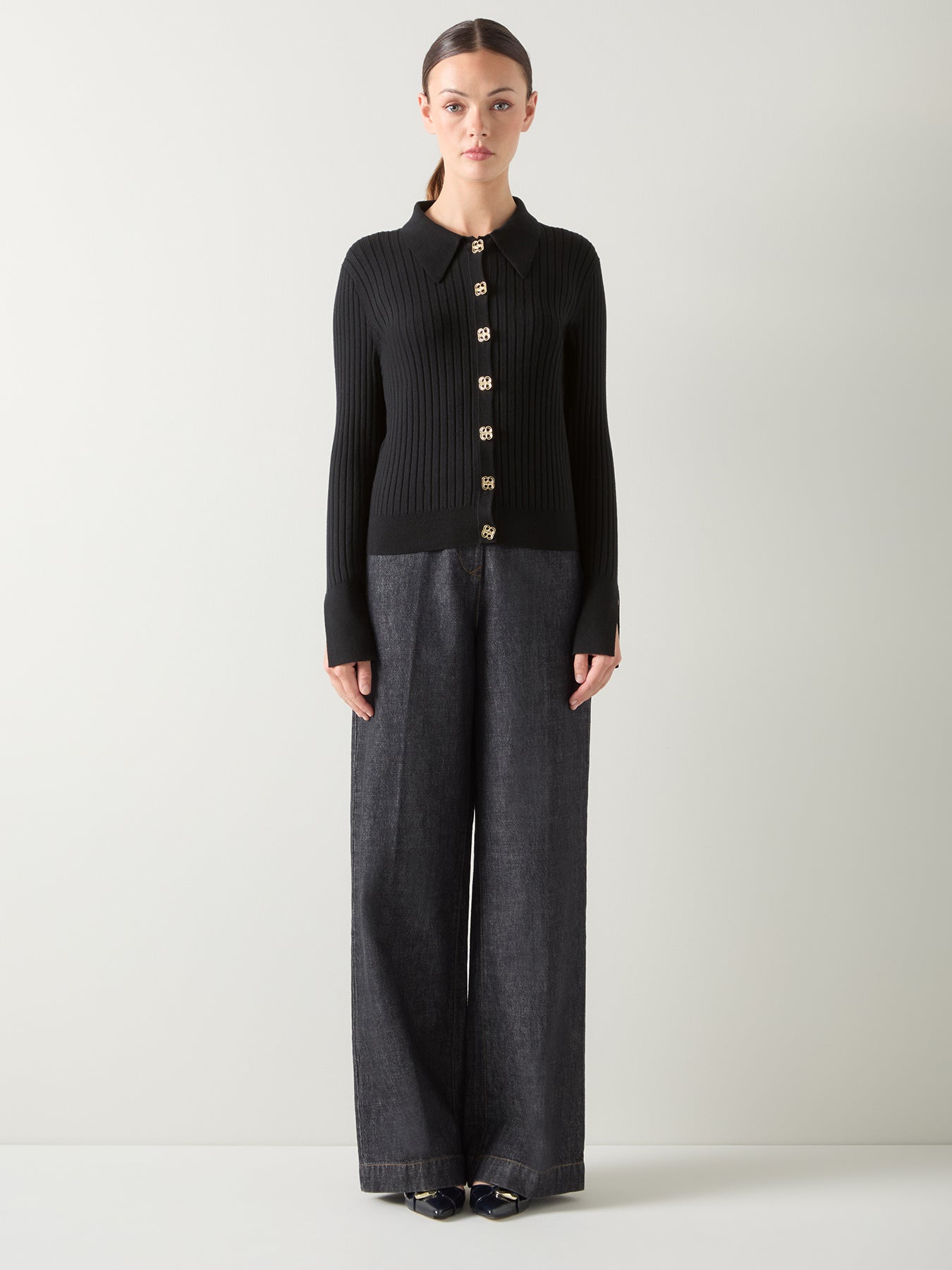 Willow Plain Cotton Rib Collar Cardigan Black