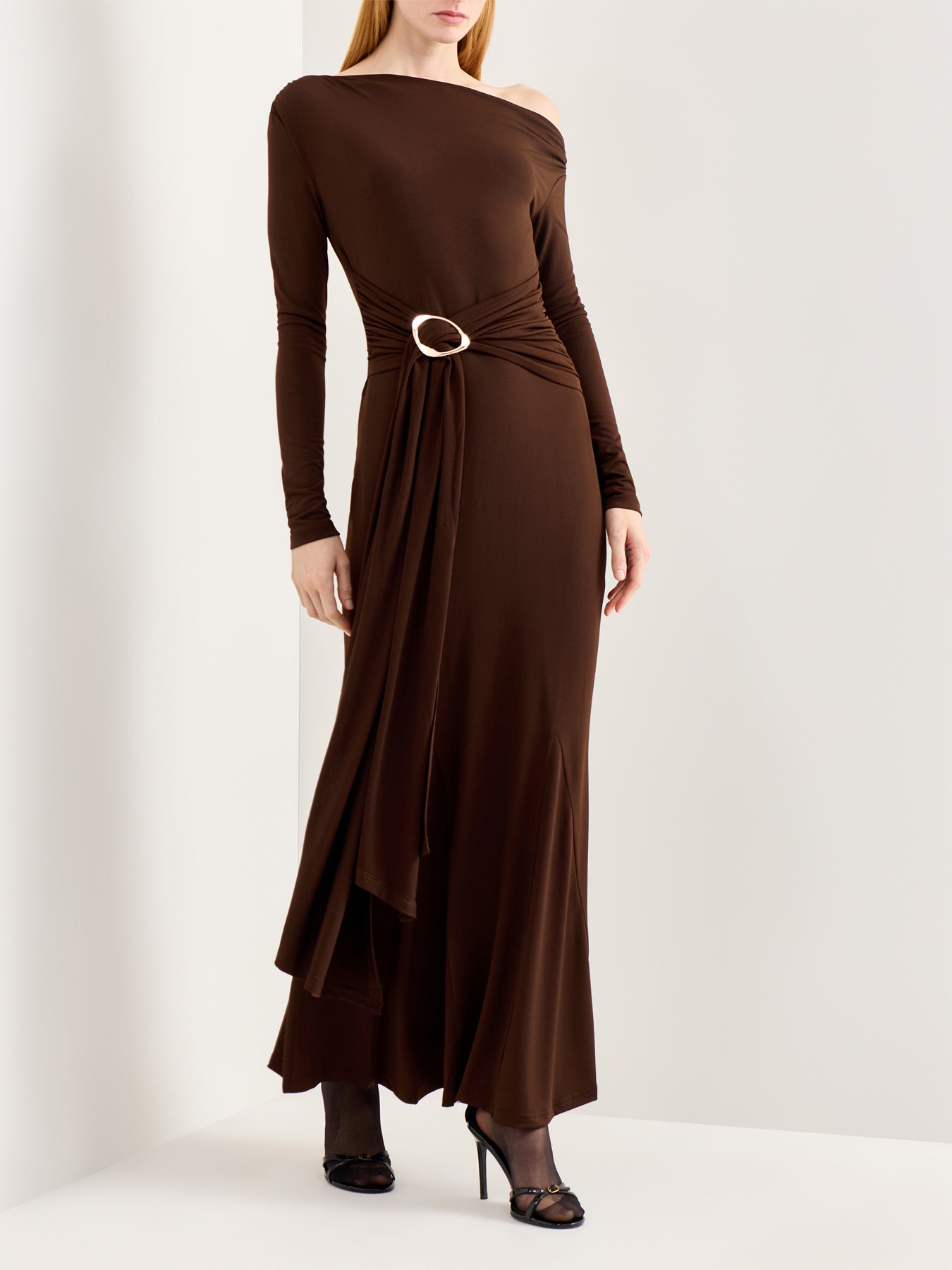 Yarelia Ruched Jersey Maxi Dress Brown