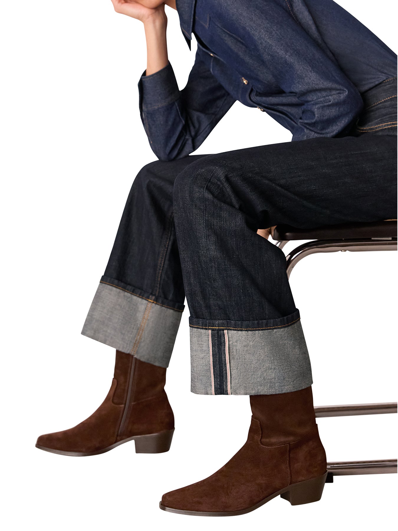 Suede Block Heel Clean Western Ankle Boots Brown