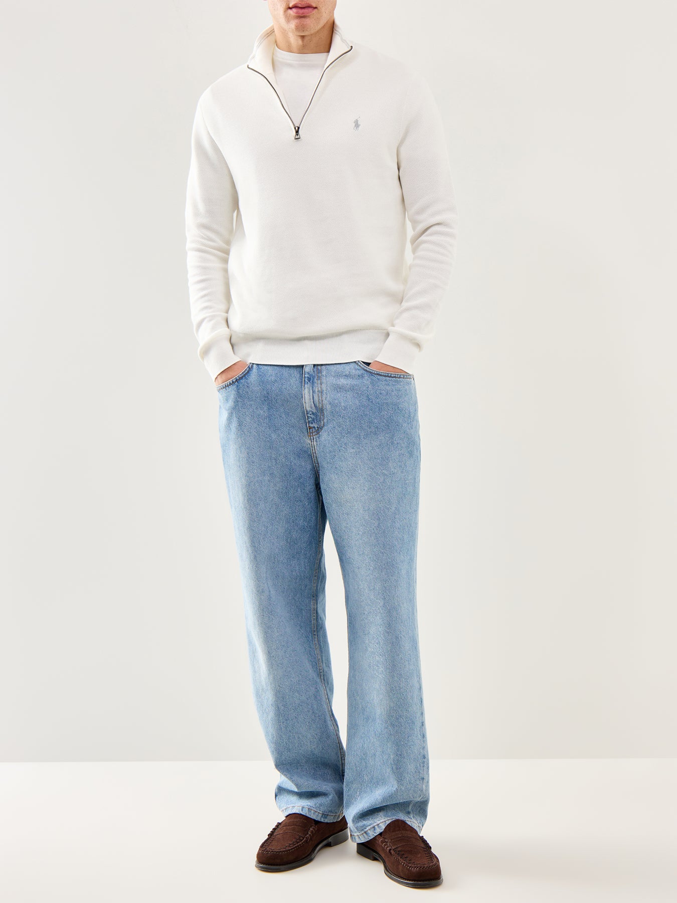 Pique Textured 1/4 Zip Knit White
