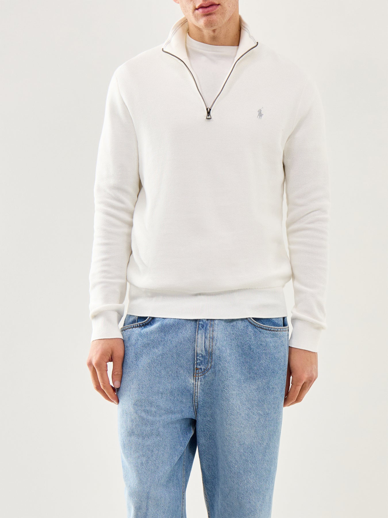 Pique Textured 1/4 Zip Knit White