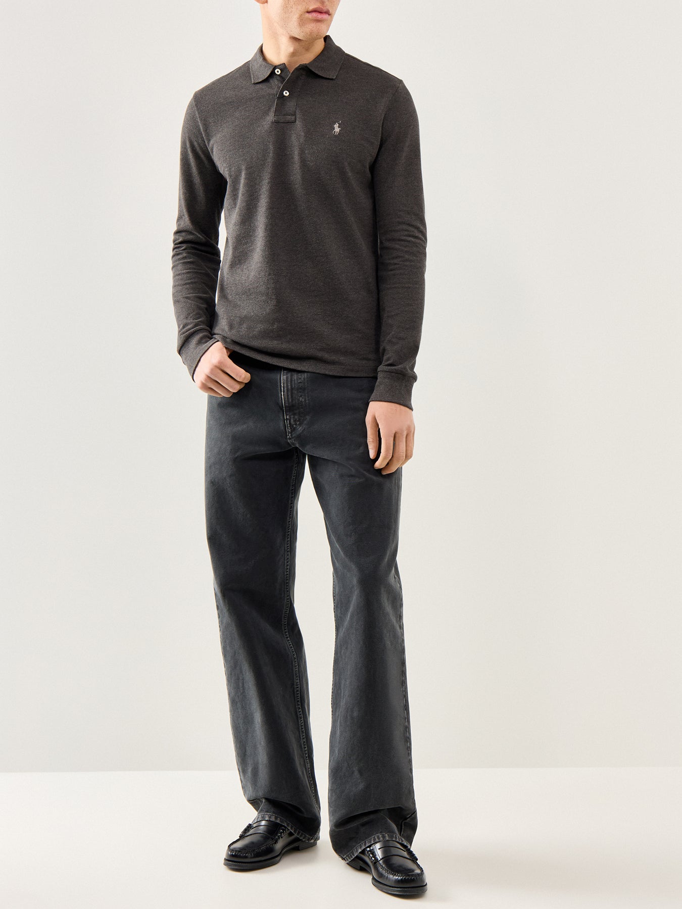 Long Sleeve Custom Fit Polo Top Grey