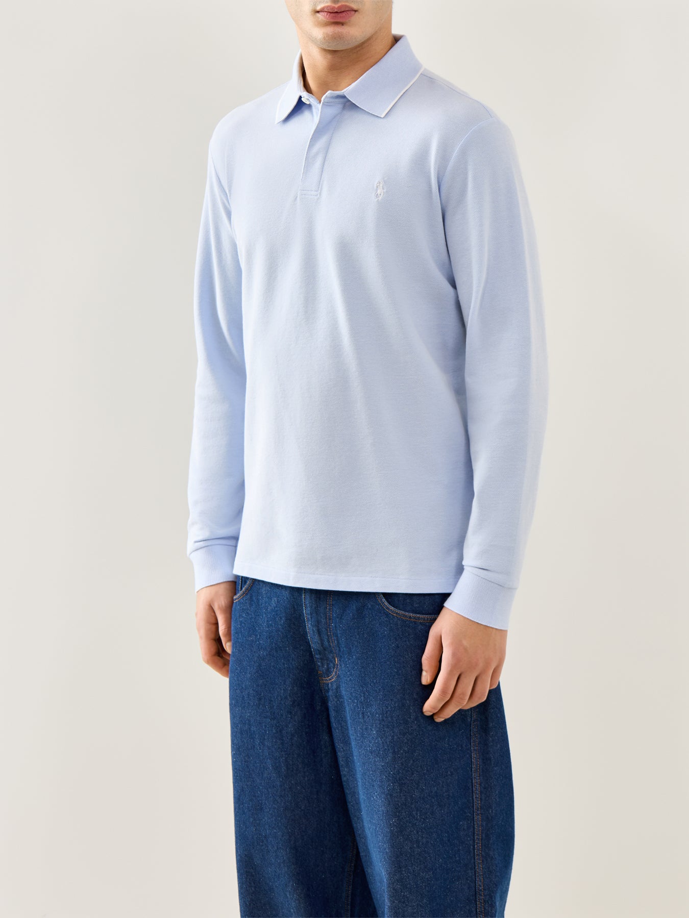 Oxford Mesh Long Sleeve Polo Blue