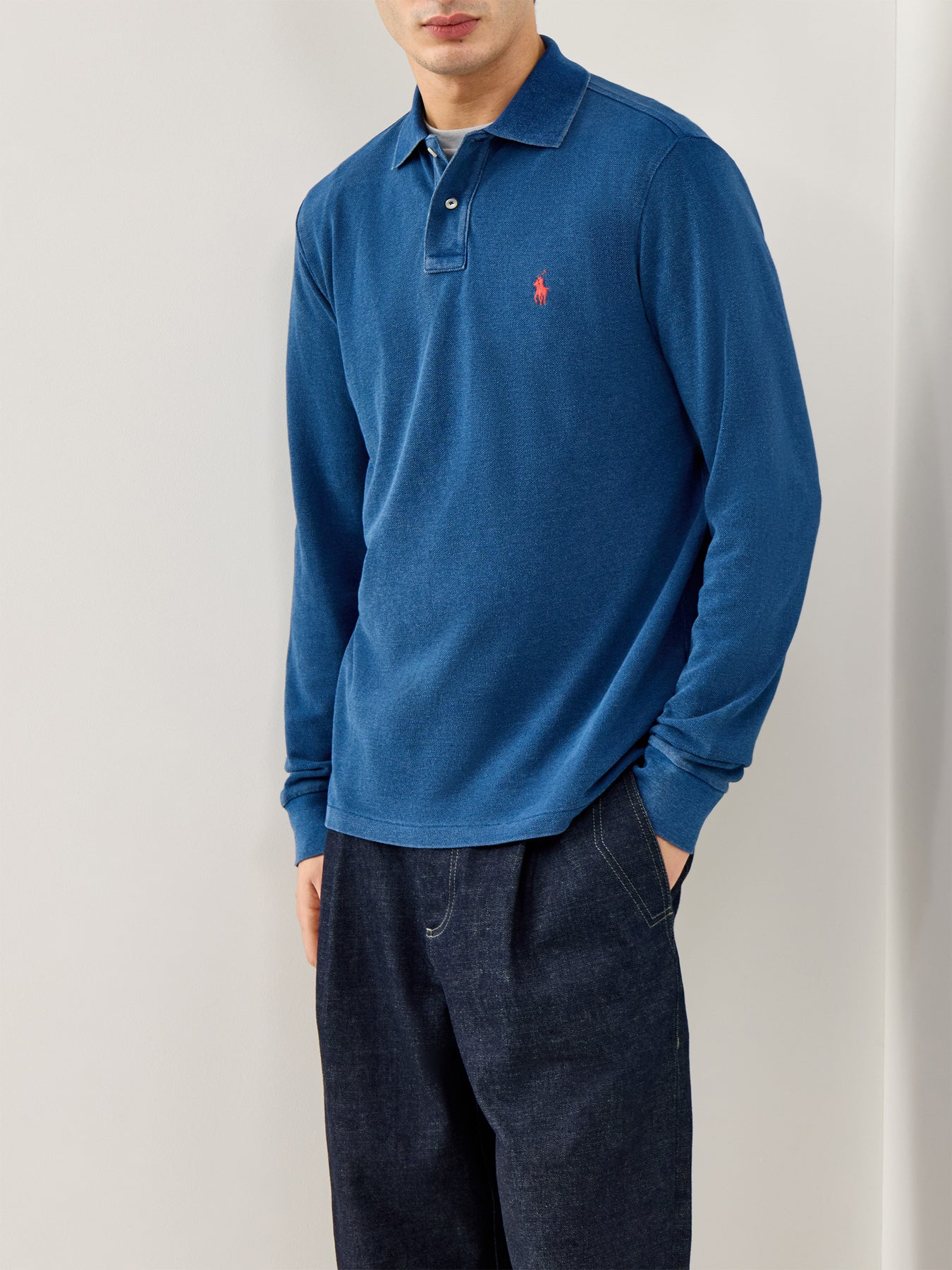 Custom Fit Long Sleeve Polo Shirt Blue