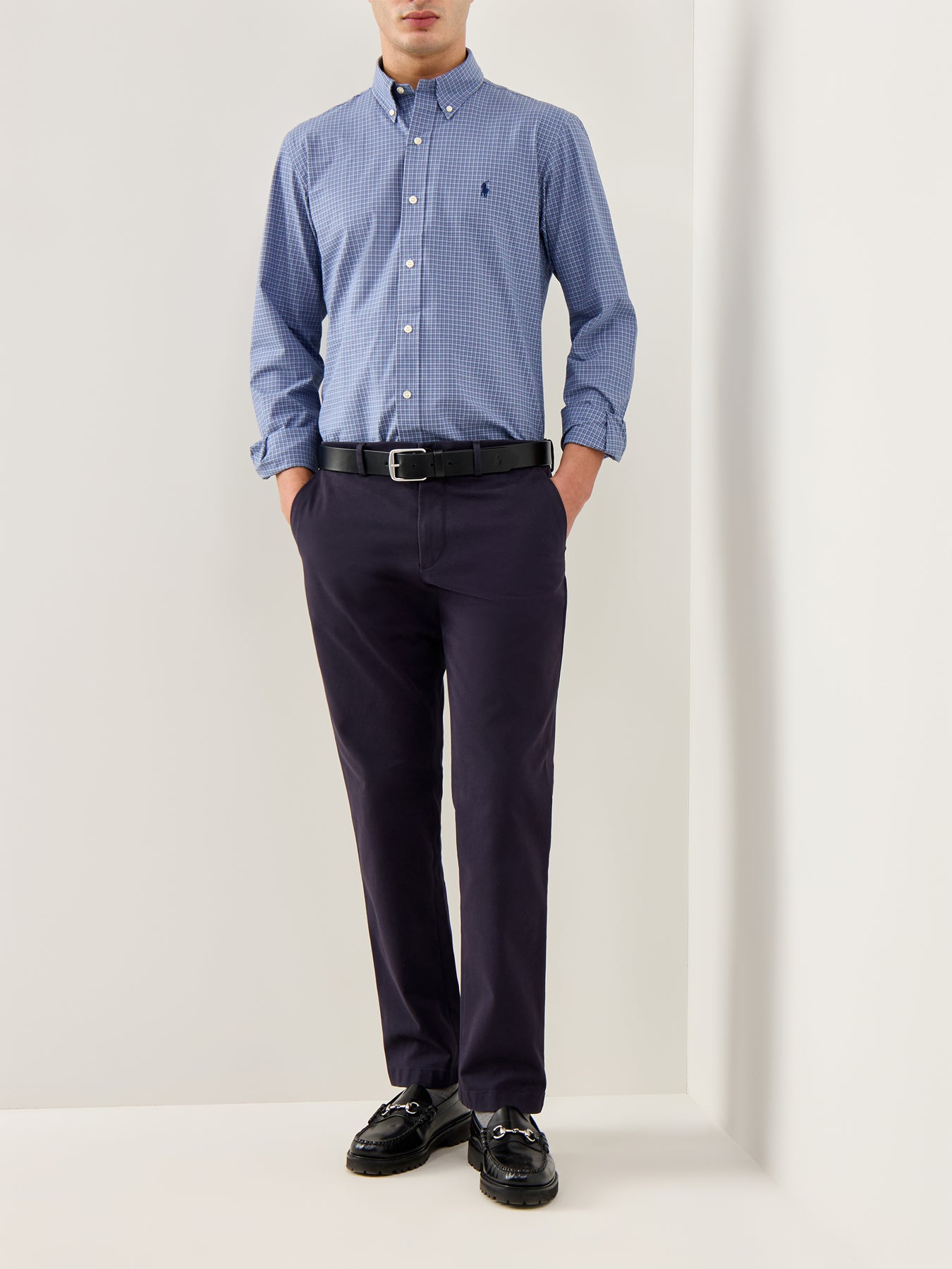 Custom Fit Stretch Poplin Check Shirt Blue