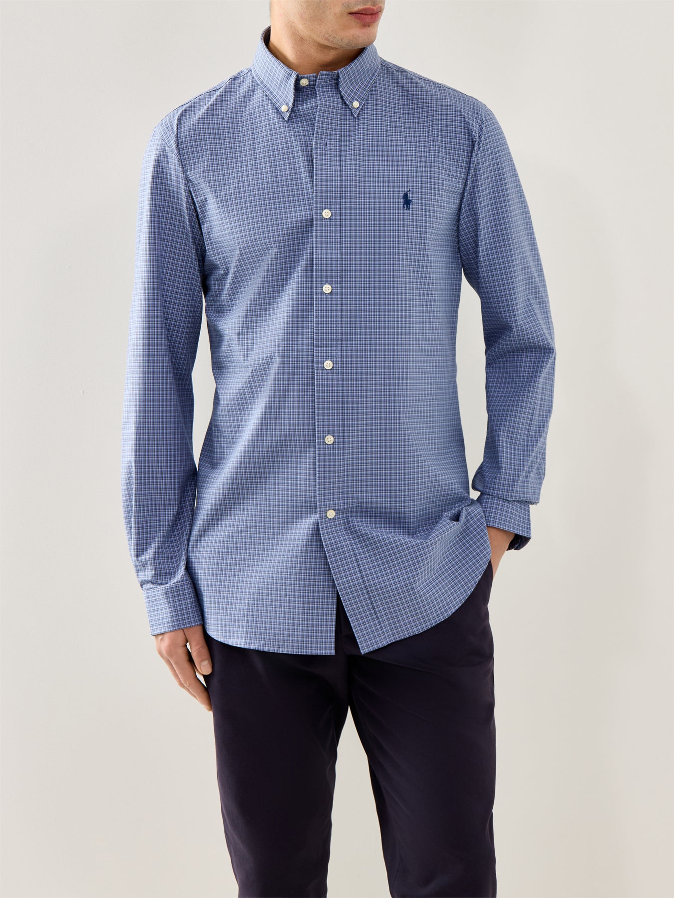Custom Fit Stretch Poplin Check Shirt Blue