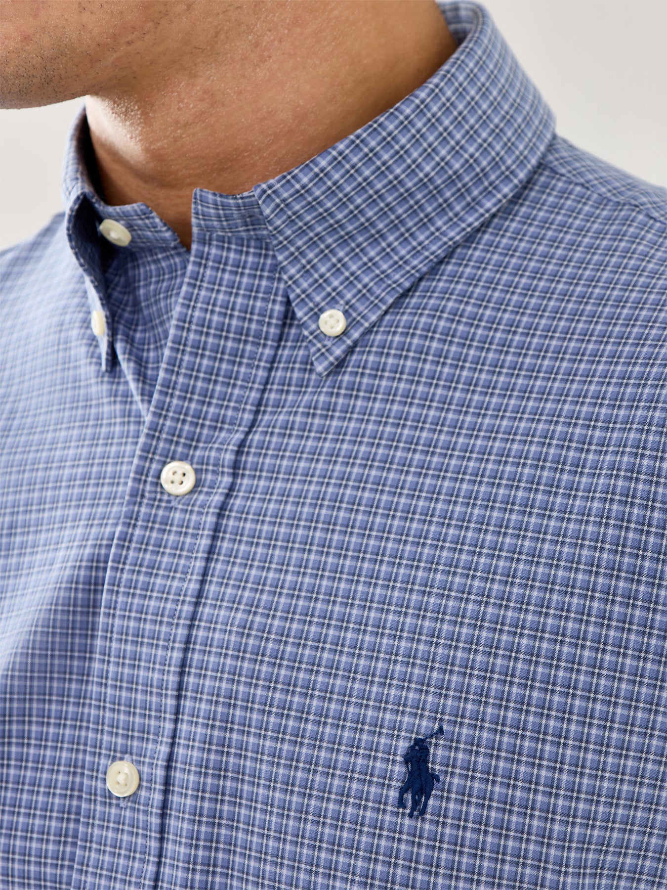 Custom Fit Stretch Poplin Check Shirt Blue