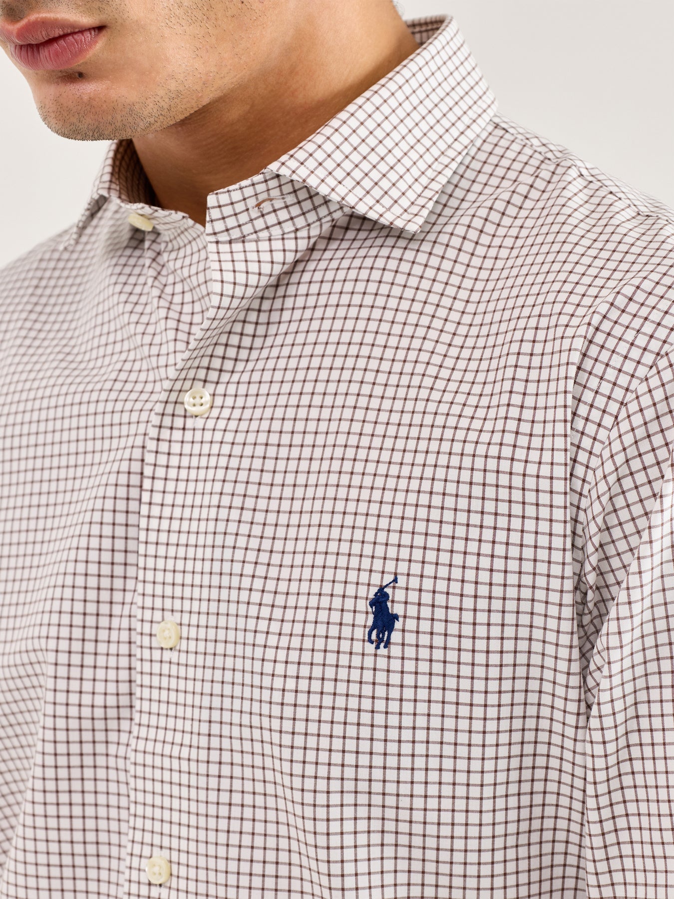 Custom Fit Stretch Poplin Tattersall Shirt White Chocolate Brown