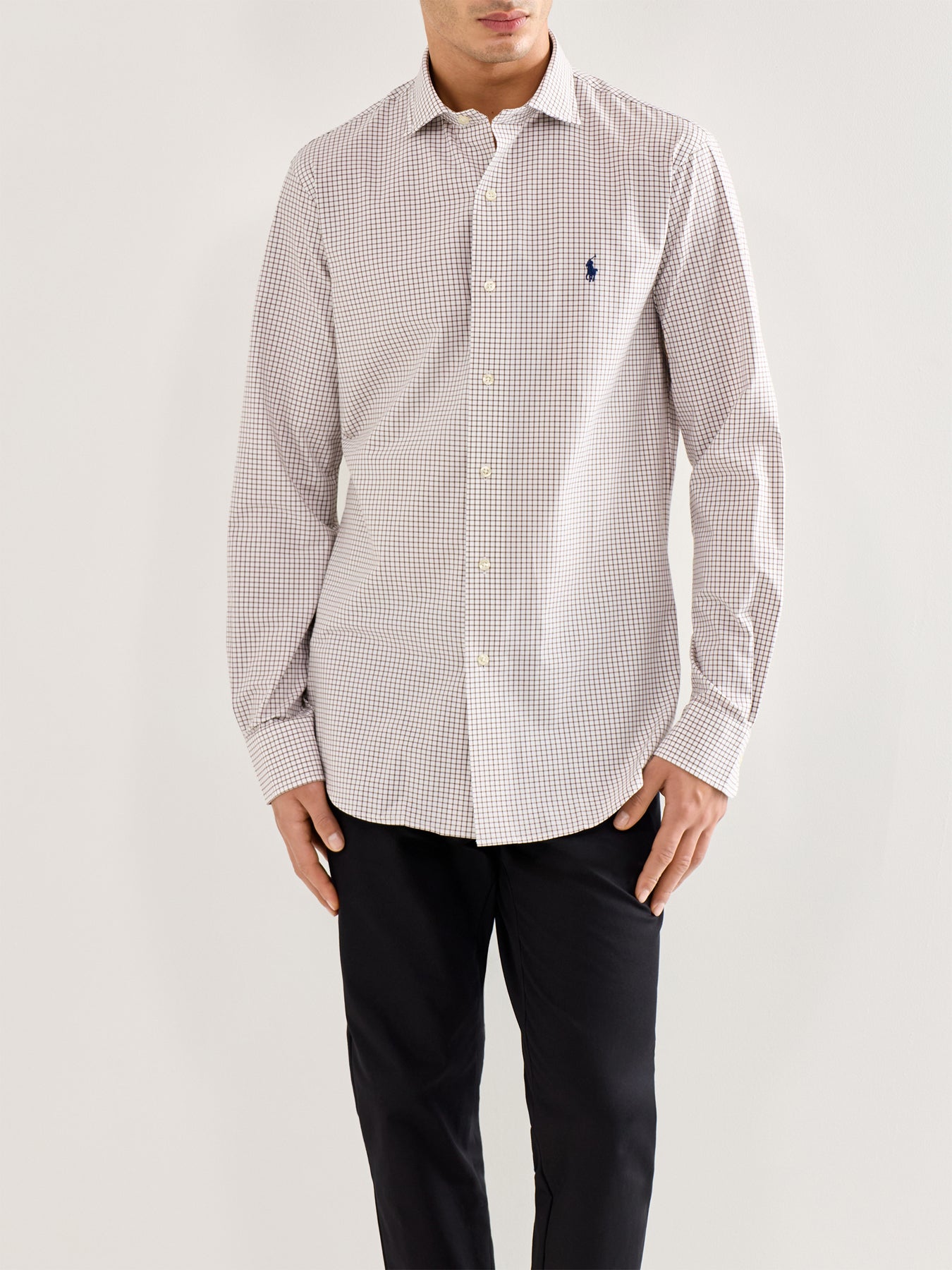 Custom Fit Stretch Poplin Tattersall Shirt White Chocolate Brown