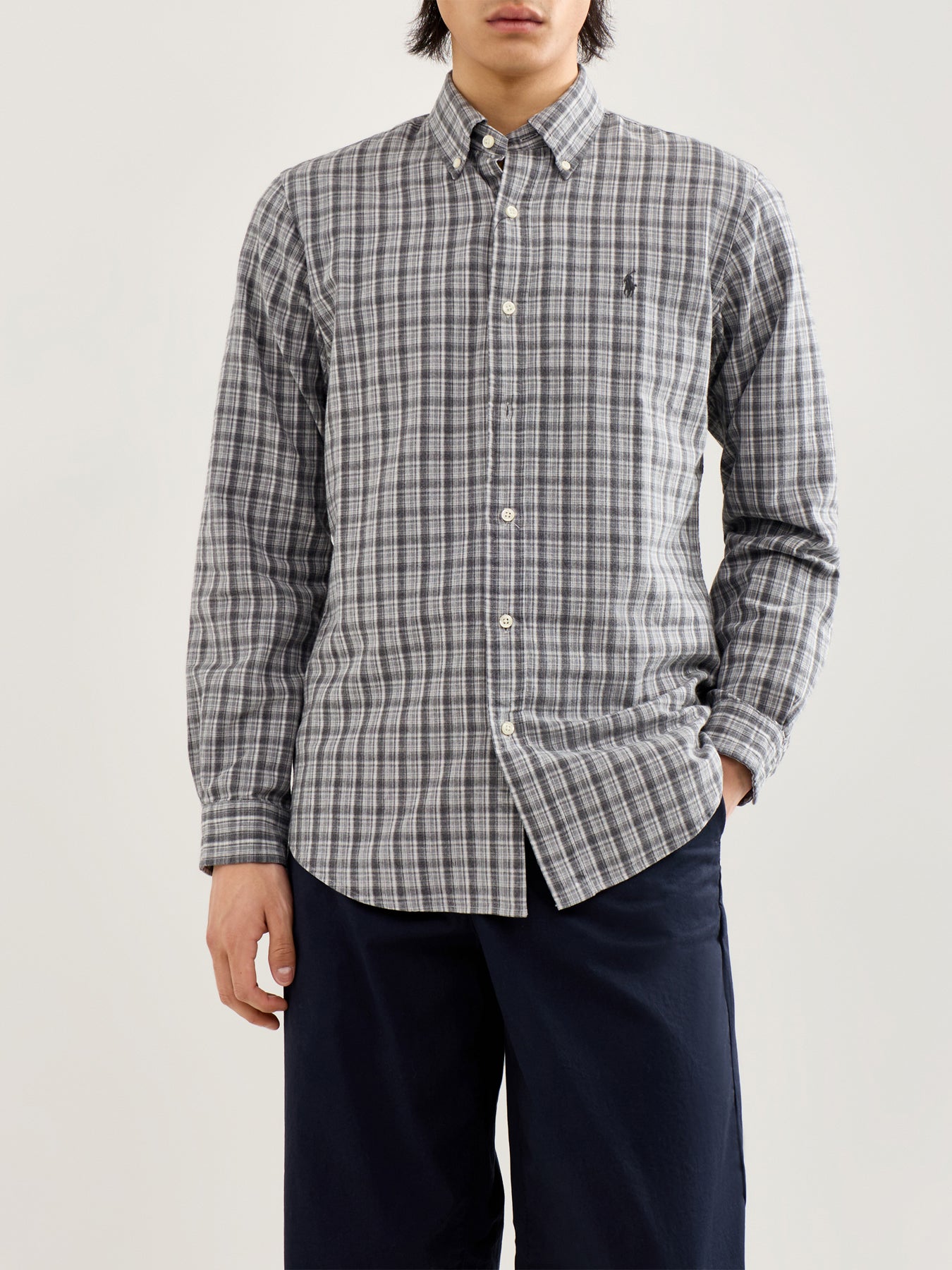 Custom Fit Brushed Oxford Check Shirt Grey