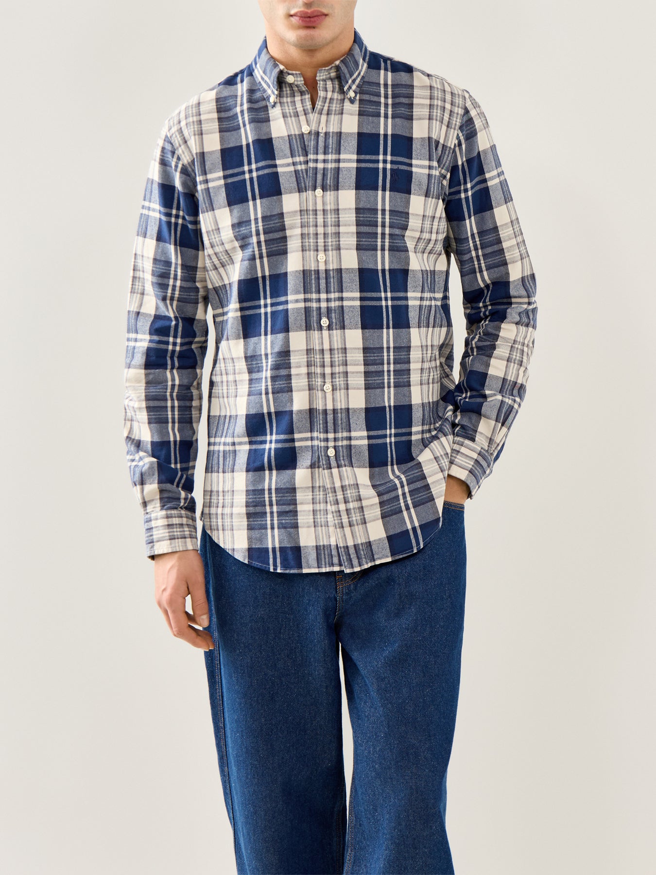 Custom Fit Brushed Oxford Check Shirt Navy