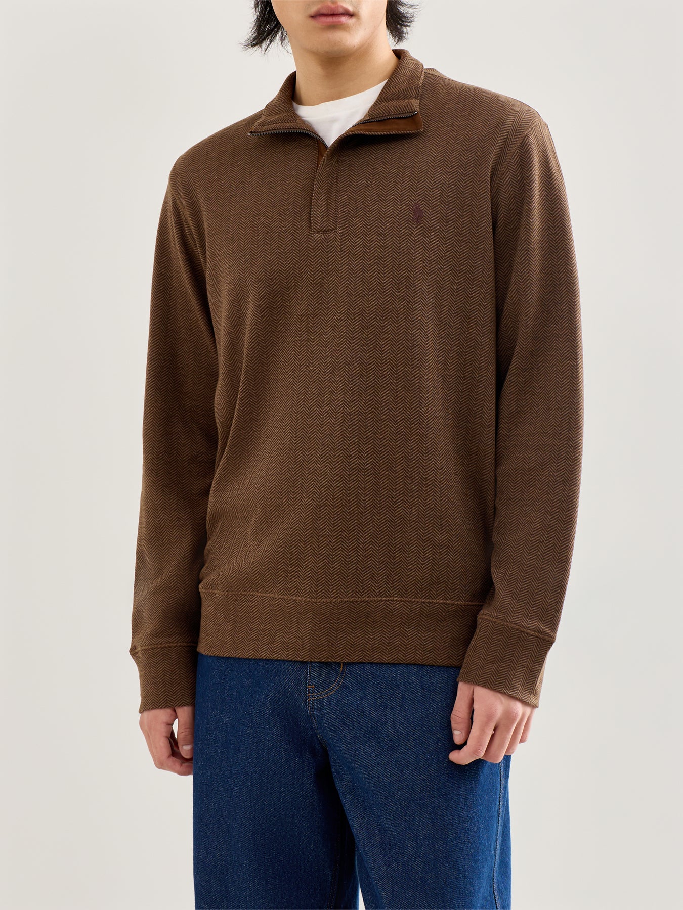 Double Knit Herringbone Quarter Zip Sweat Brown