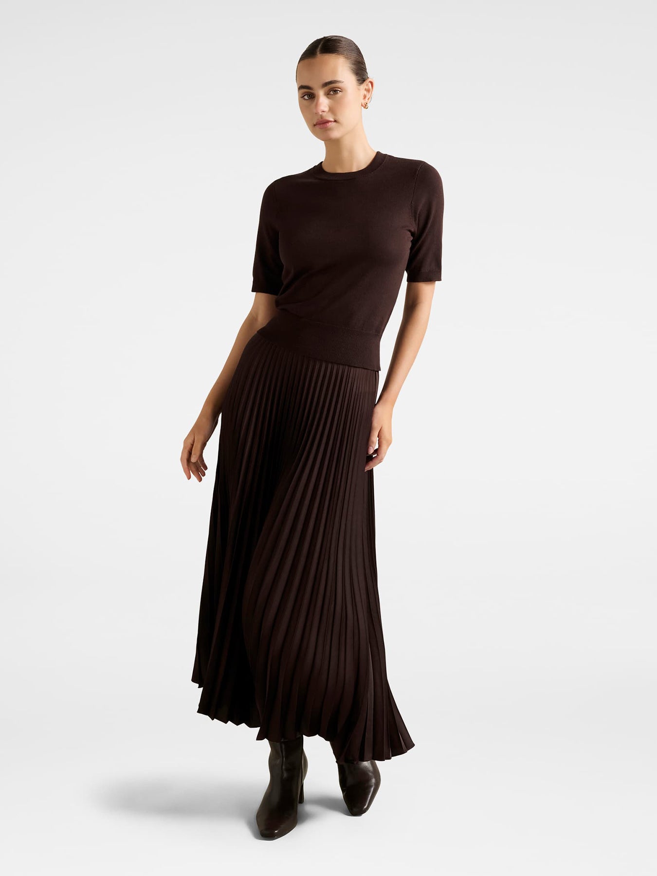 Estelle Satin Pleated Midi Skirt Chocolate
