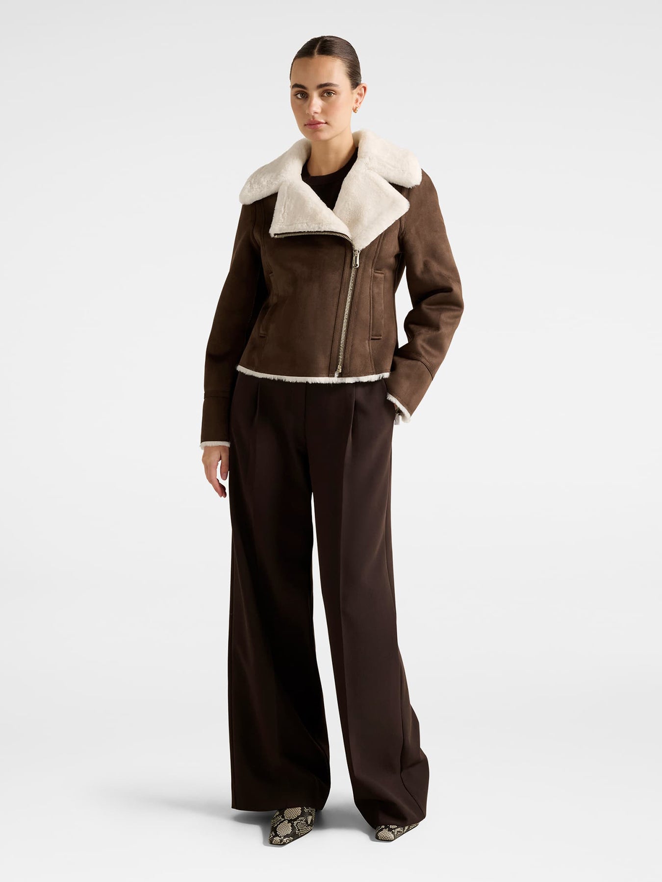 Penny Faux Fur Aviator Jacket Brown