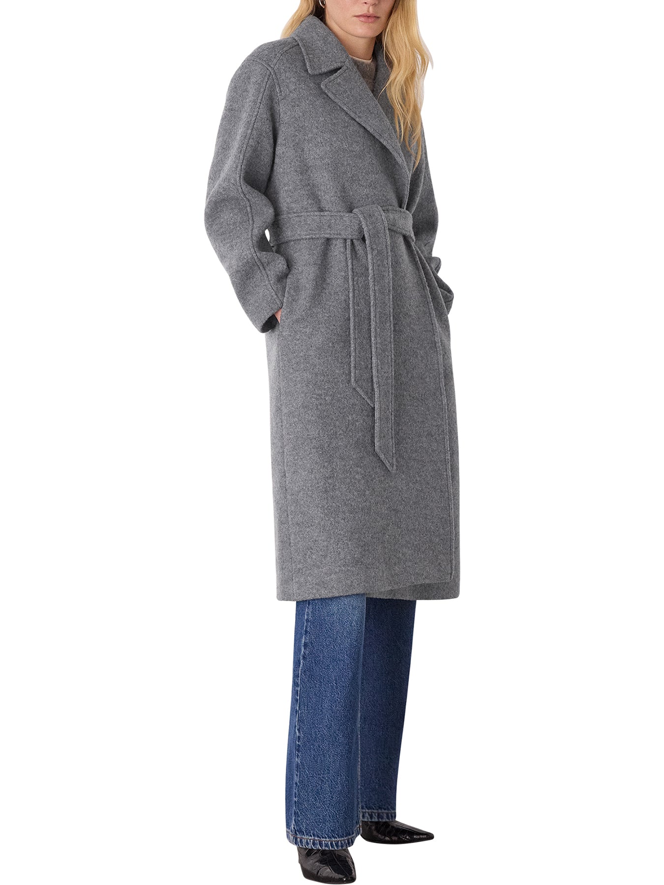 Long Belted Wool Coat Grey