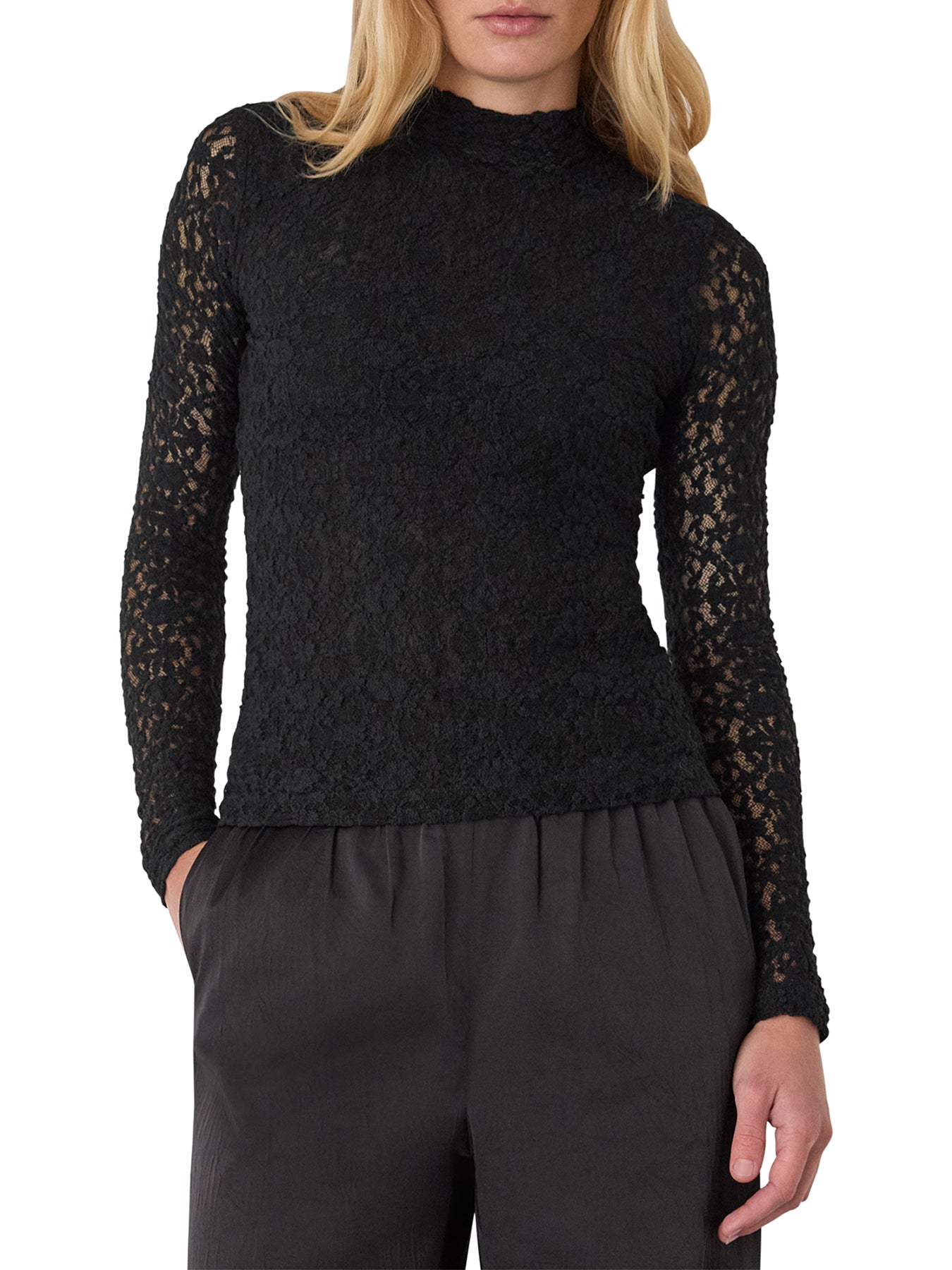 Lace Detail High Neck Top Black