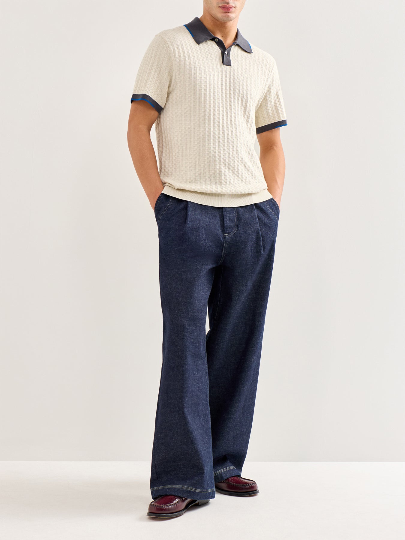 Knitted Textured Short Sleeve Polo White