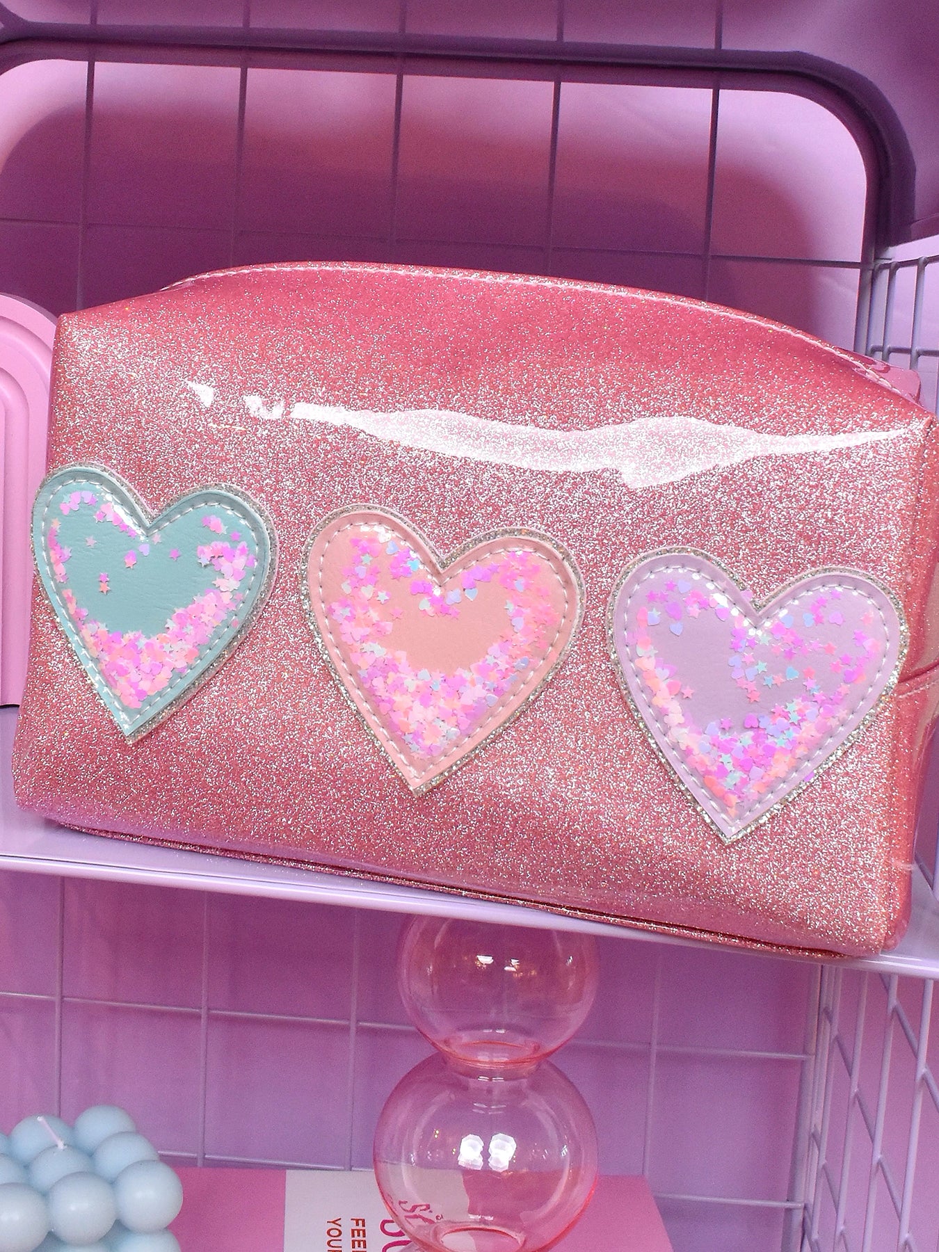 Heart Applique Pouch Pink