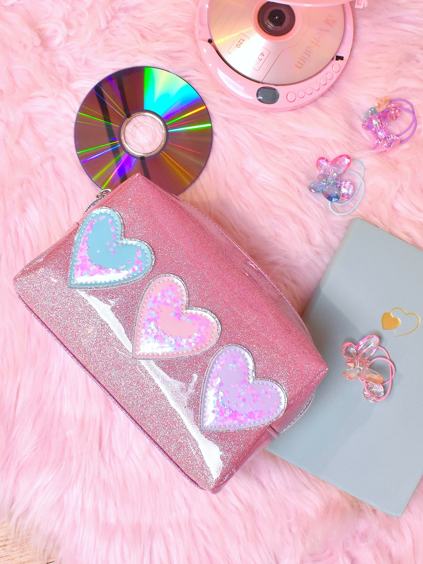 Heart Applique Pouch Pink