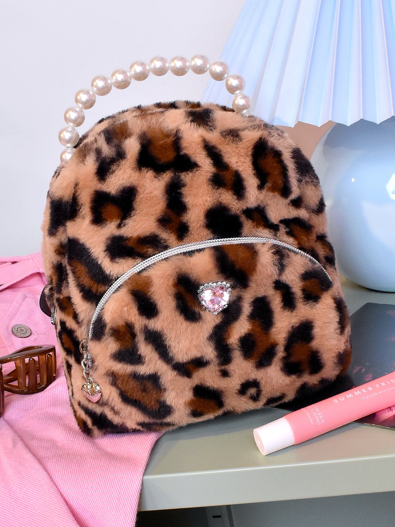 Leopard Faux Fur Micro Mini Backpack Brown