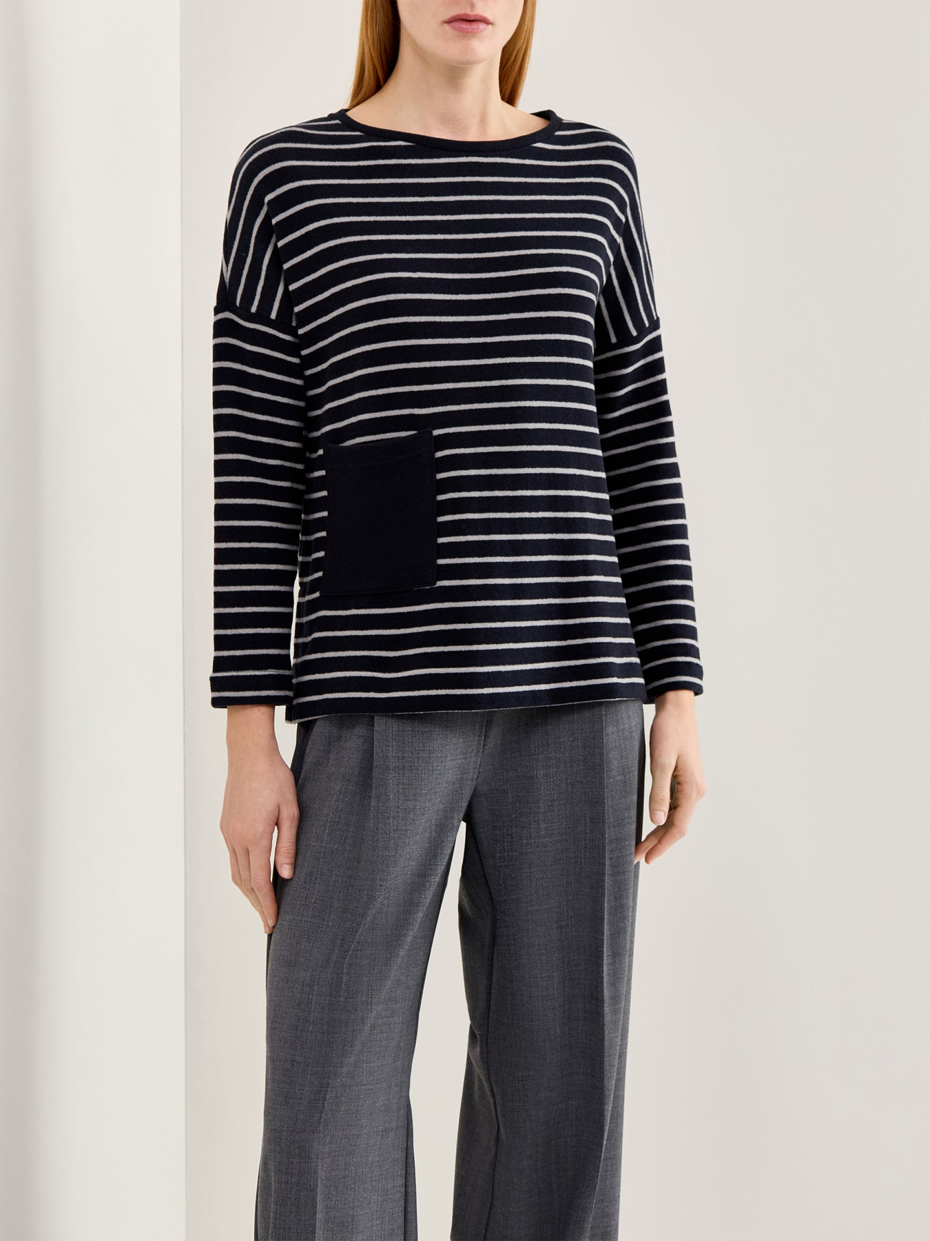 Boat Neck Stripe Knit Top Navy