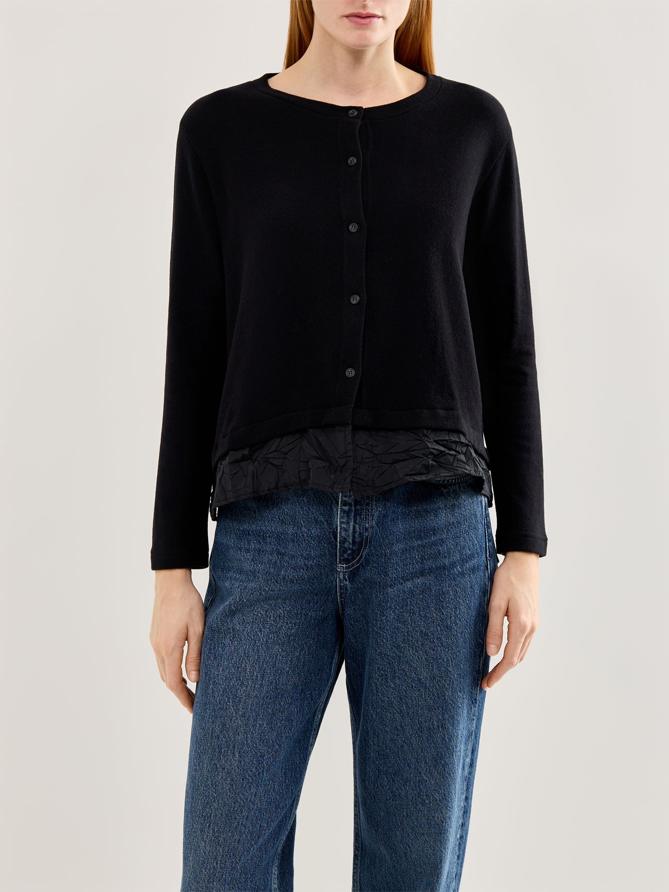 Button Through Cardigan with Taffeta Trim Black