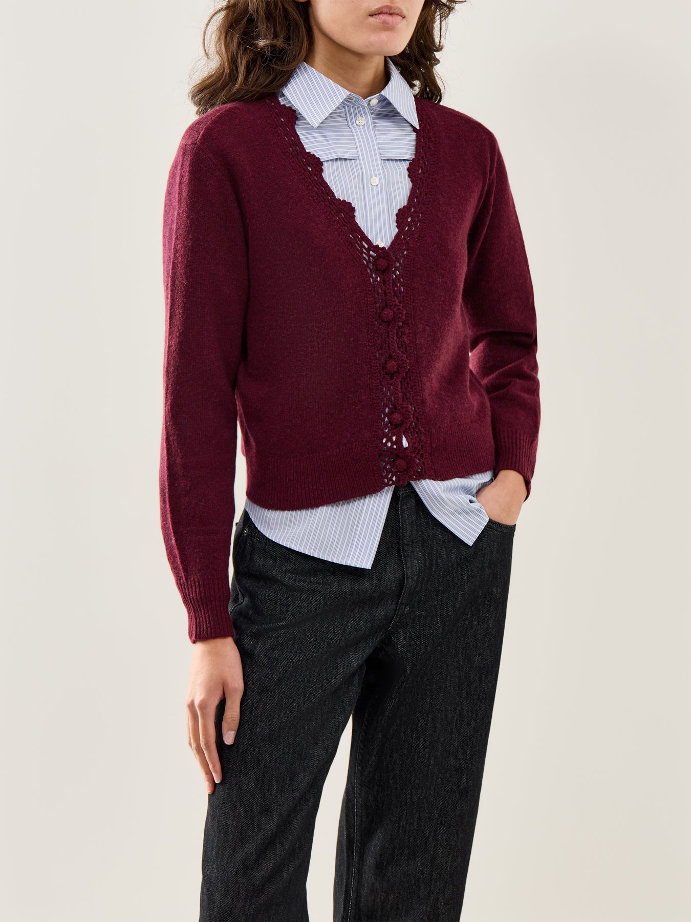 Crochet Trim Cardigan Burgundy