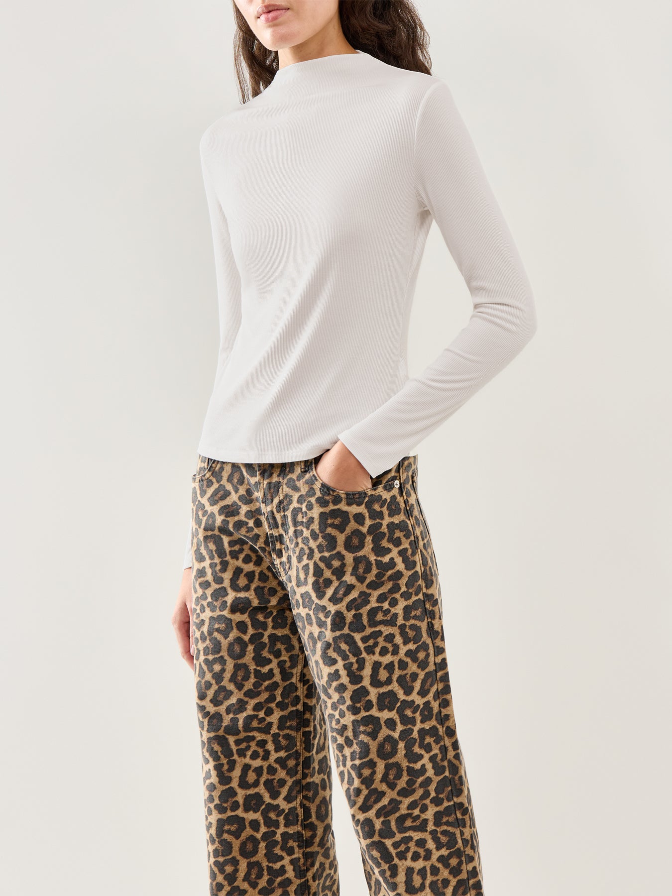Ribbed Grown-On Neck Top White