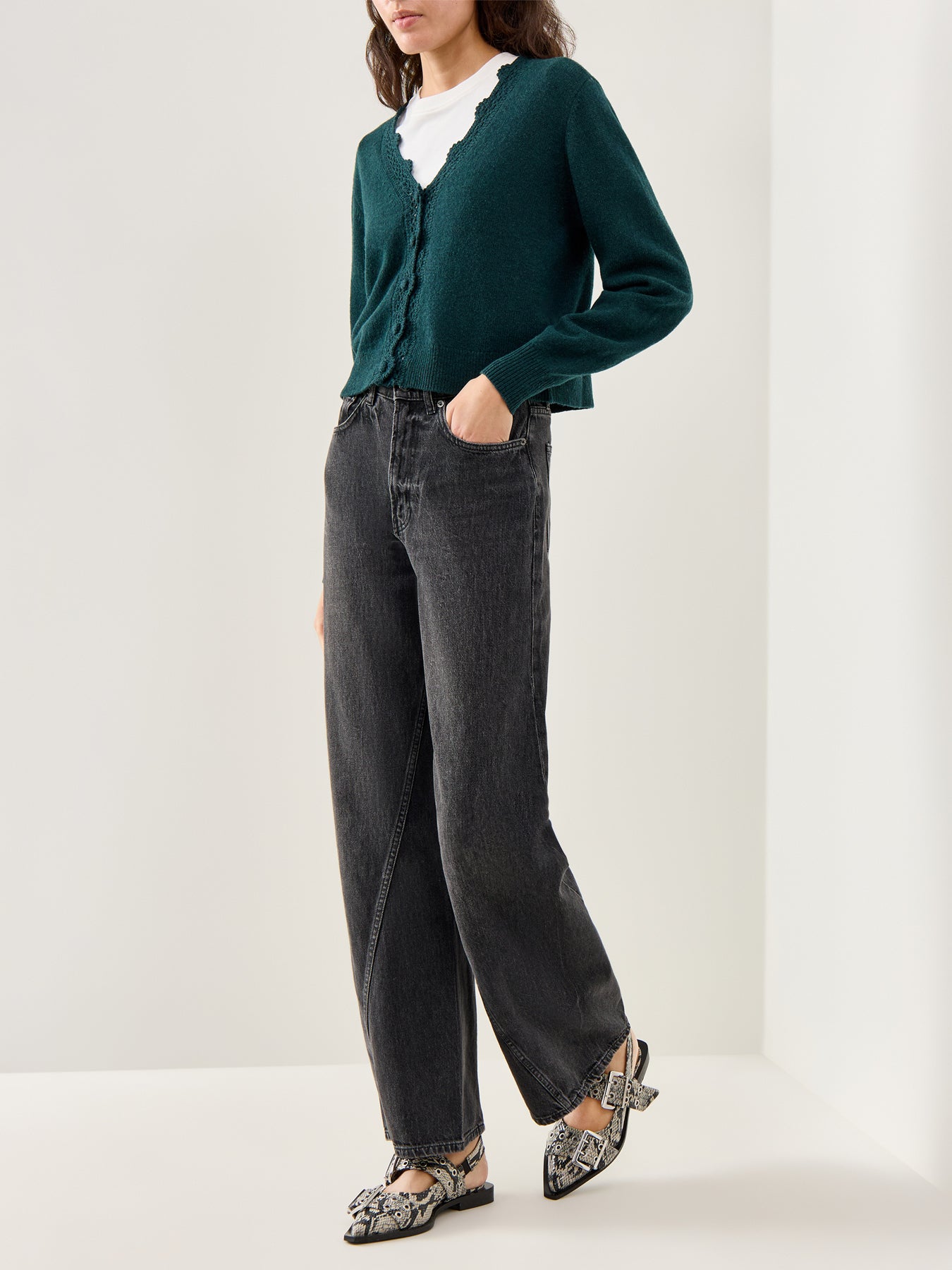 Crochet Trim Knit Cardigan Green