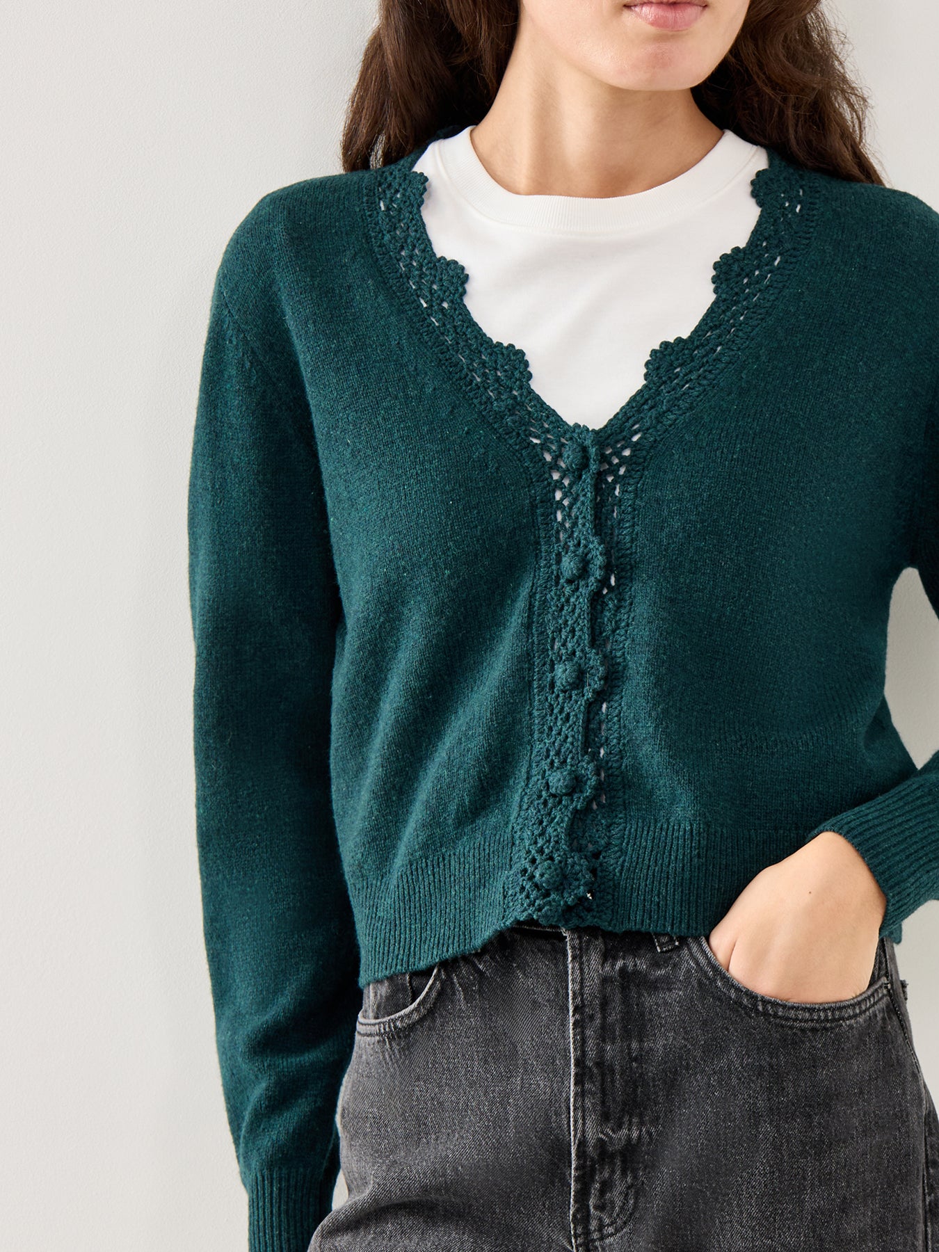 Crochet Trim Knit Cardigan Green