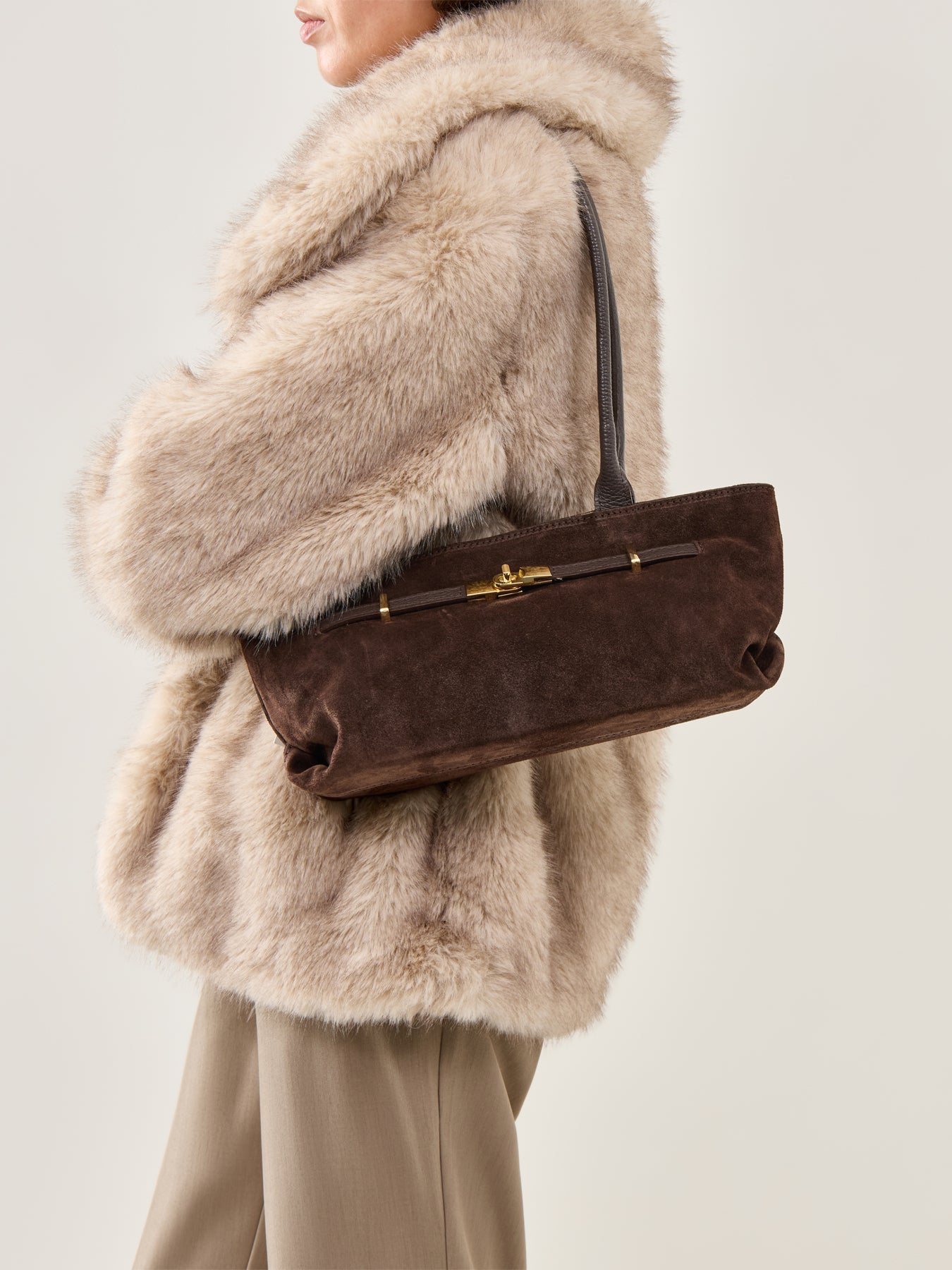 Bacil Long Handle Suede Bag Brown