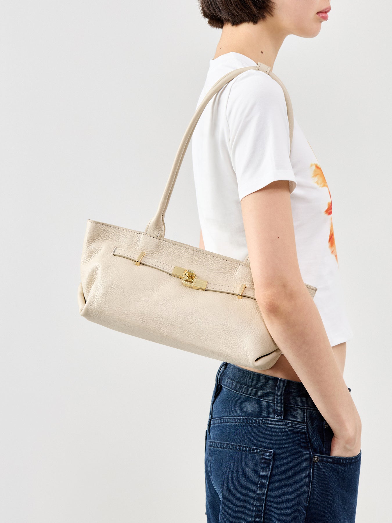 Bacil Long Handle Suede Bag Cream