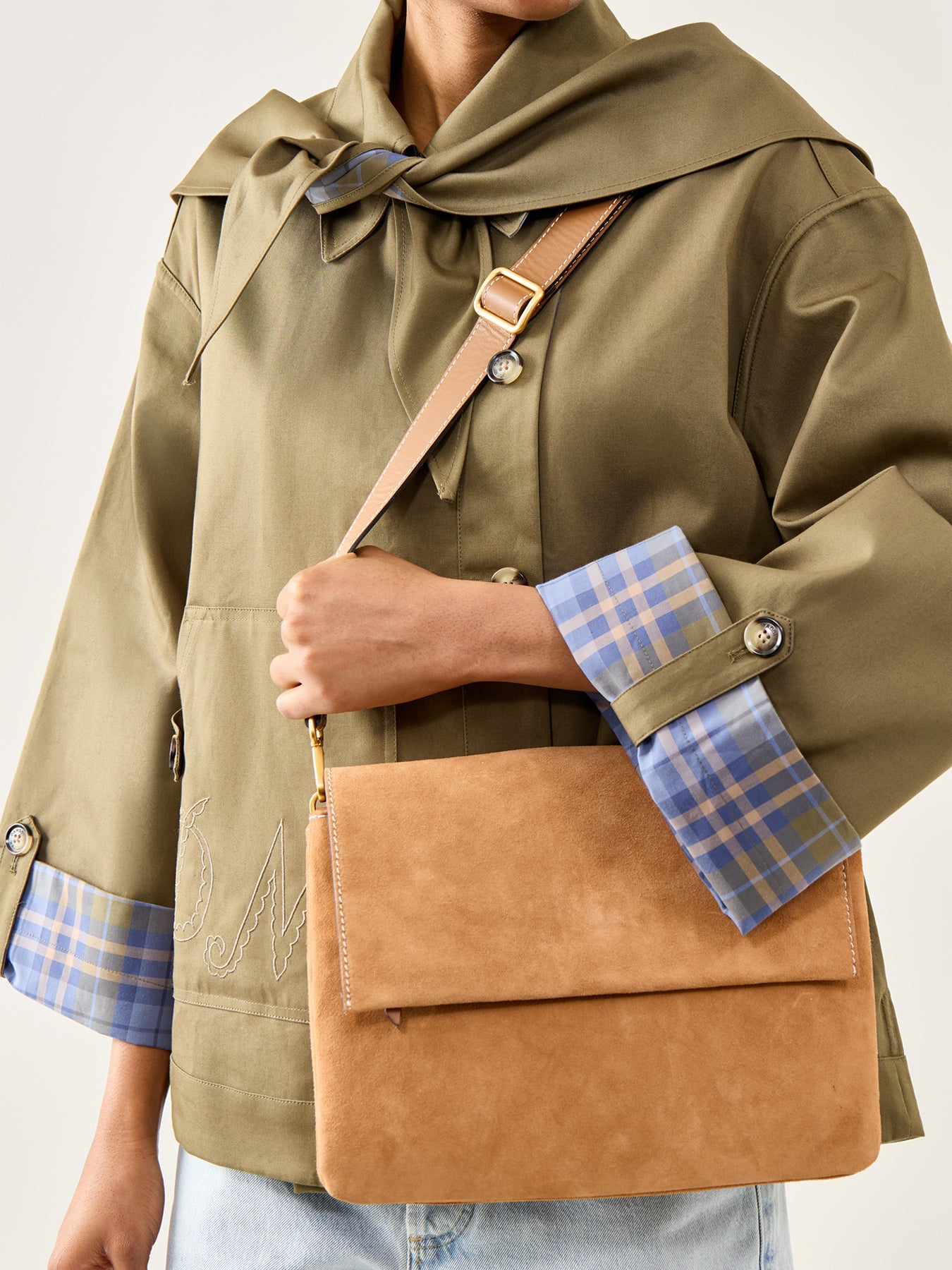 Three Large Suede Crossbody Bag Tan
