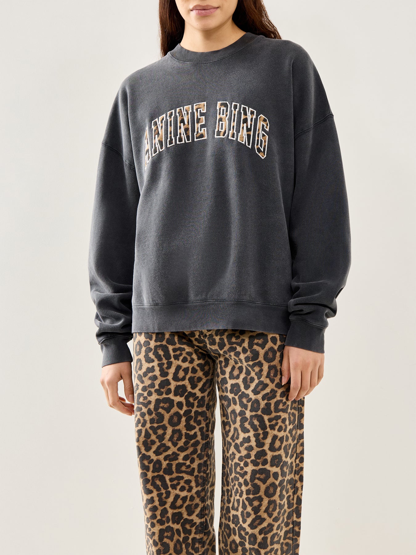 Miles Logo Leopard Print Cotton Sweatshirt Black